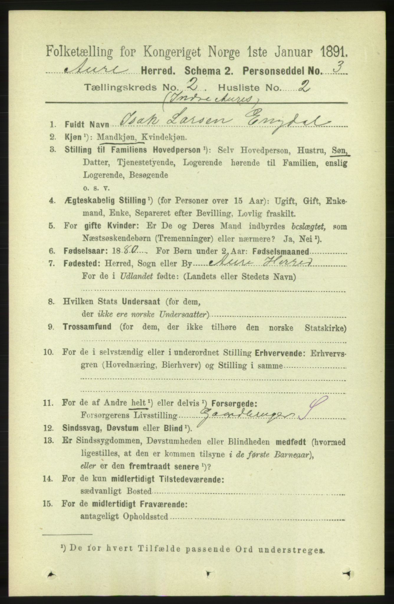 RA, 1891 census for 1569 Aure, 1891, p. 879