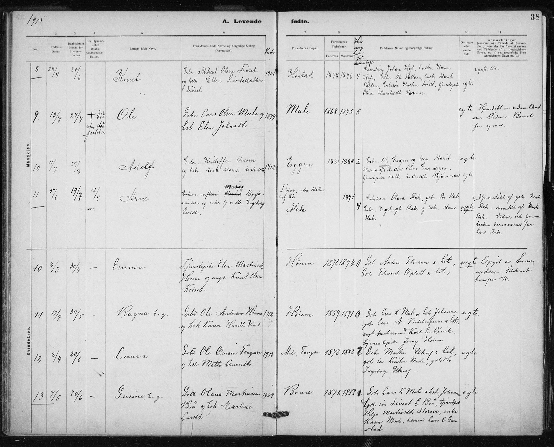 Ministerialprotokoller, klokkerbøker og fødselsregistre - Sør-Trøndelag, SAT/A-1456/612/L0381: Parish register (official) no. 612A13, 1907-1923, p. 38