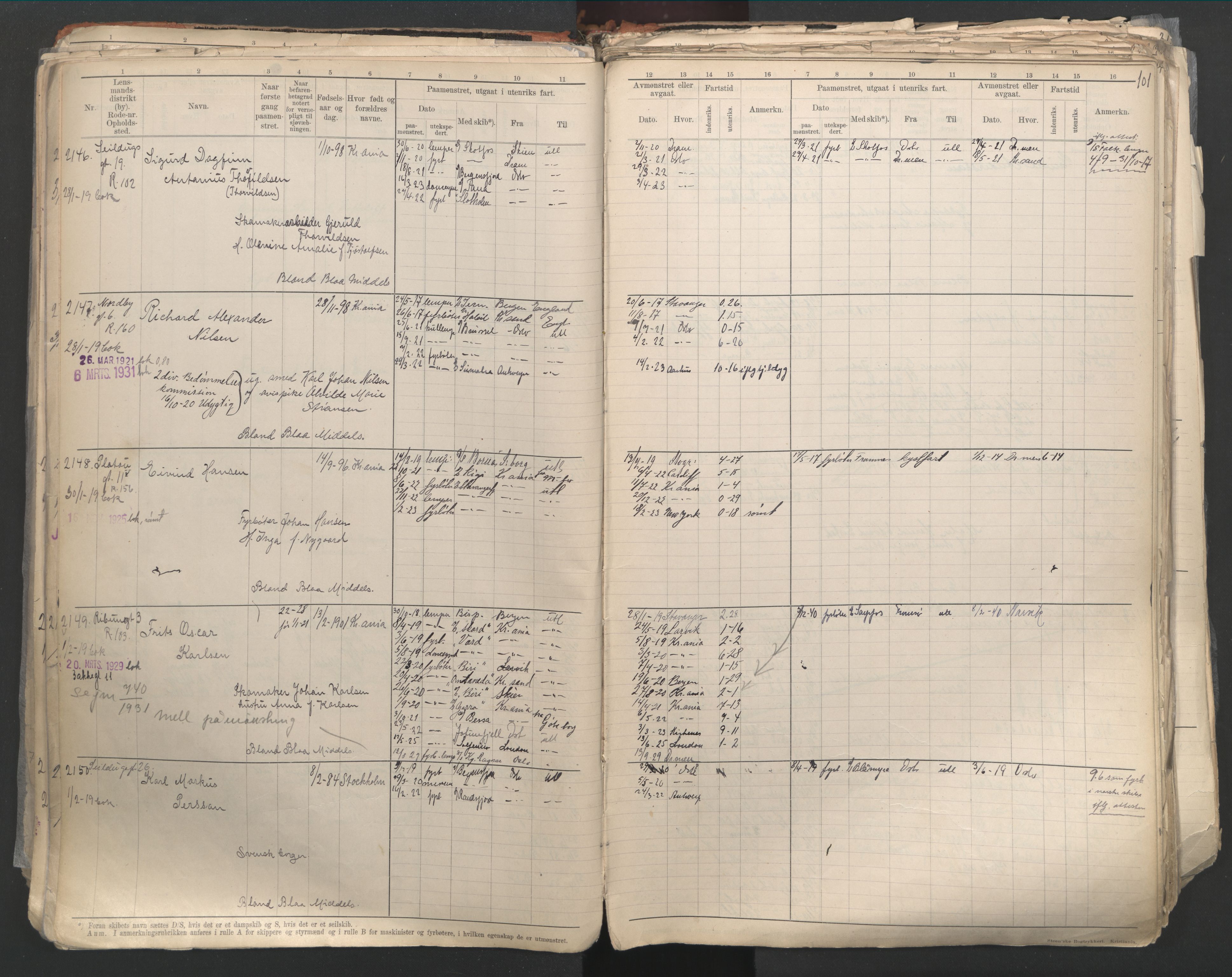 Oslo sjømannskontor, AV/SAO-A-10595/F/Fd/L0003: B-rulle, 1916, p. 100b-101a
