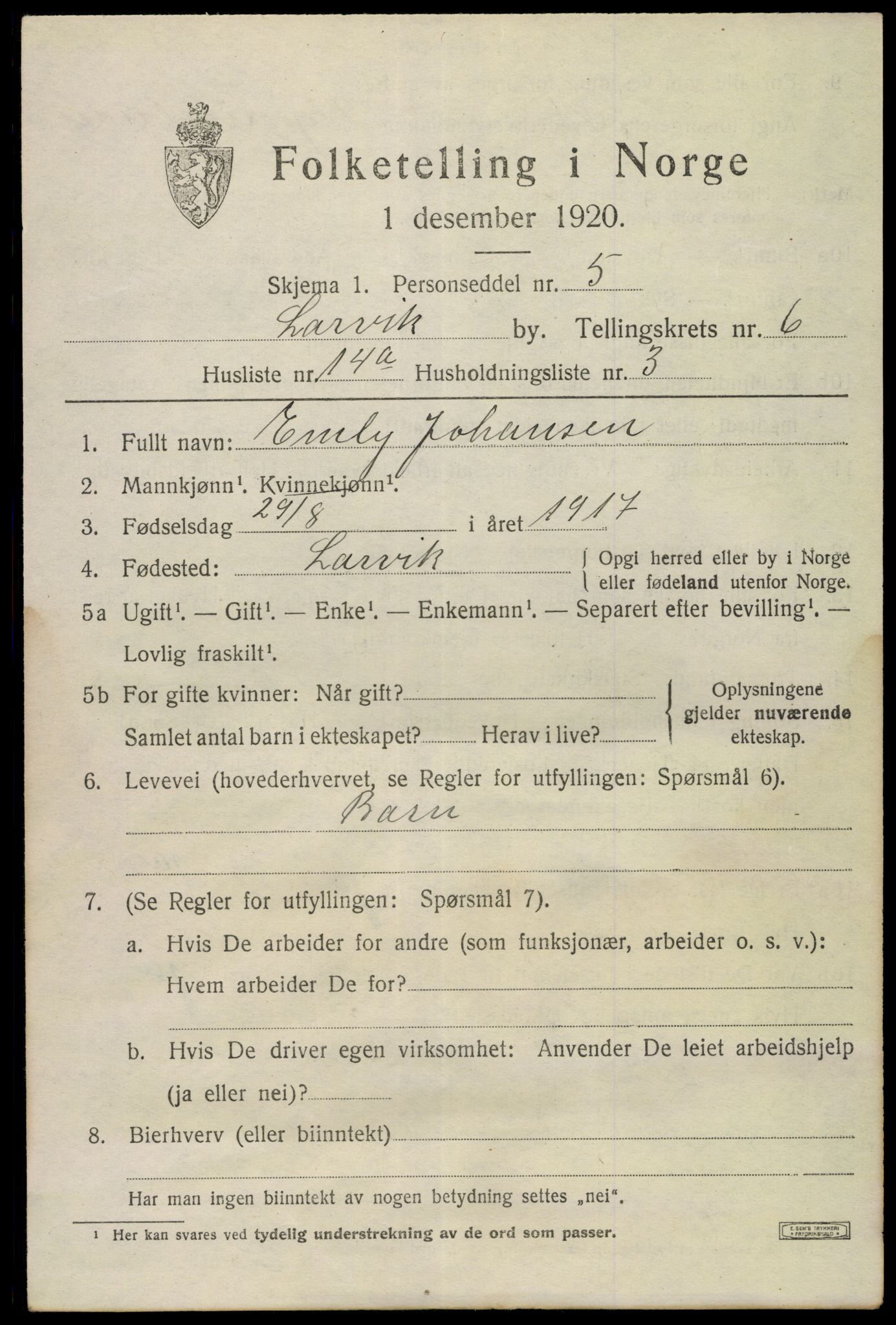 SAKO, 1920 census for Larvik, 1920, p. 18244