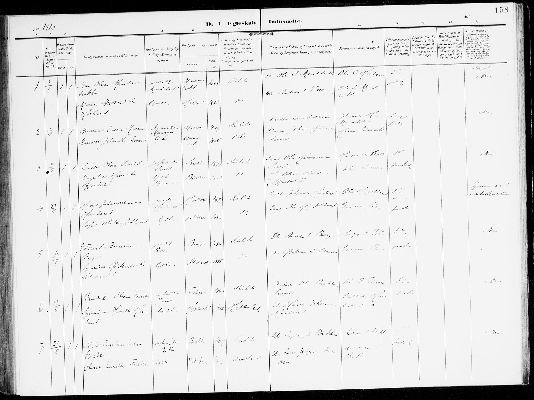 Lavik sokneprestembete, AV/SAB-A-80901: Parish register (official) no. C 2, 1904-1921, p. 158