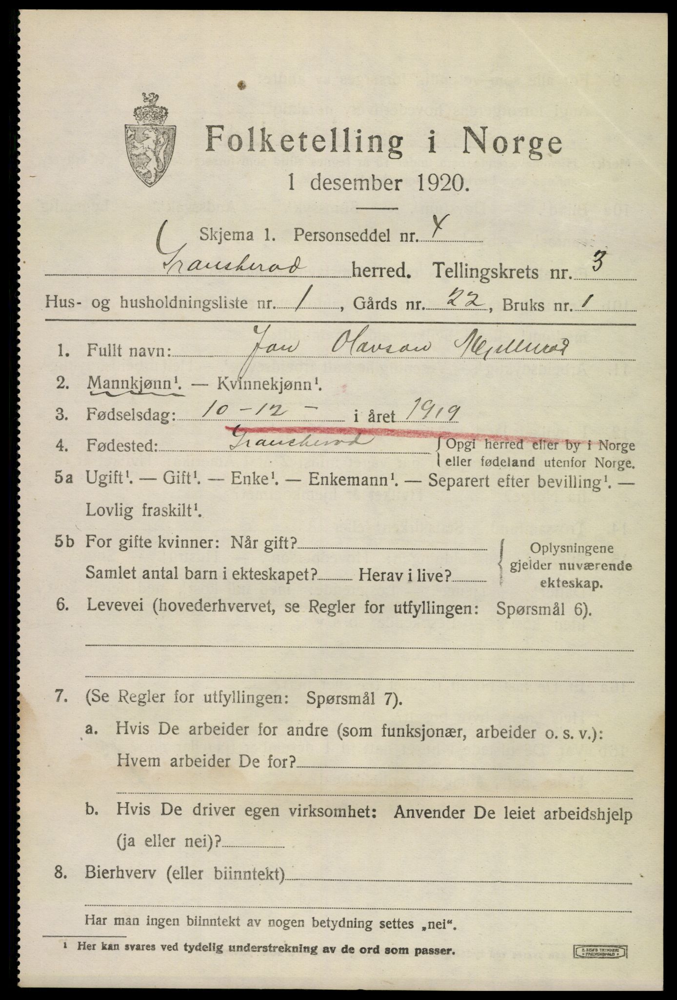 SAKO, 1920 census for Gransherad, 1920, p. 1410