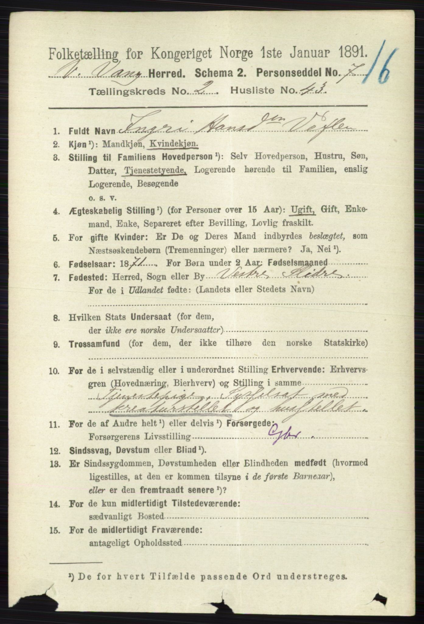 RA, 1891 census for 0545 Vang, 1891, p. 677