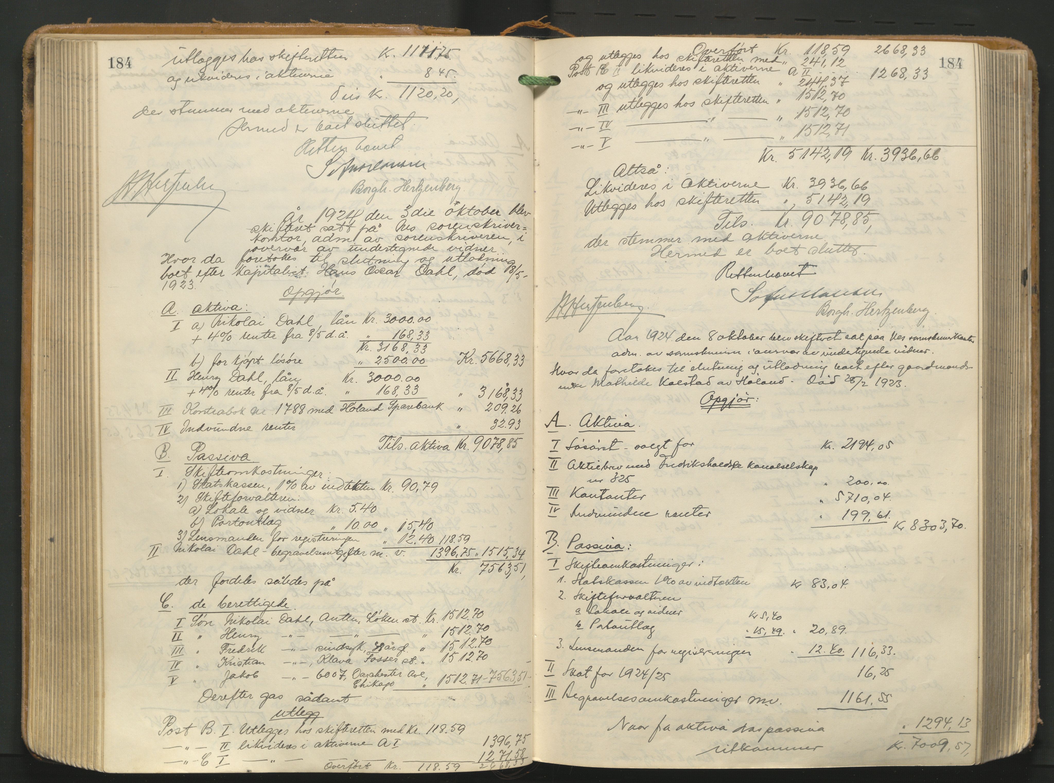 Nes tingrett, AV/SAO-A-10548/H/Hc/L0006: Utlodningsprotokoll, 1916-1943, p. 184