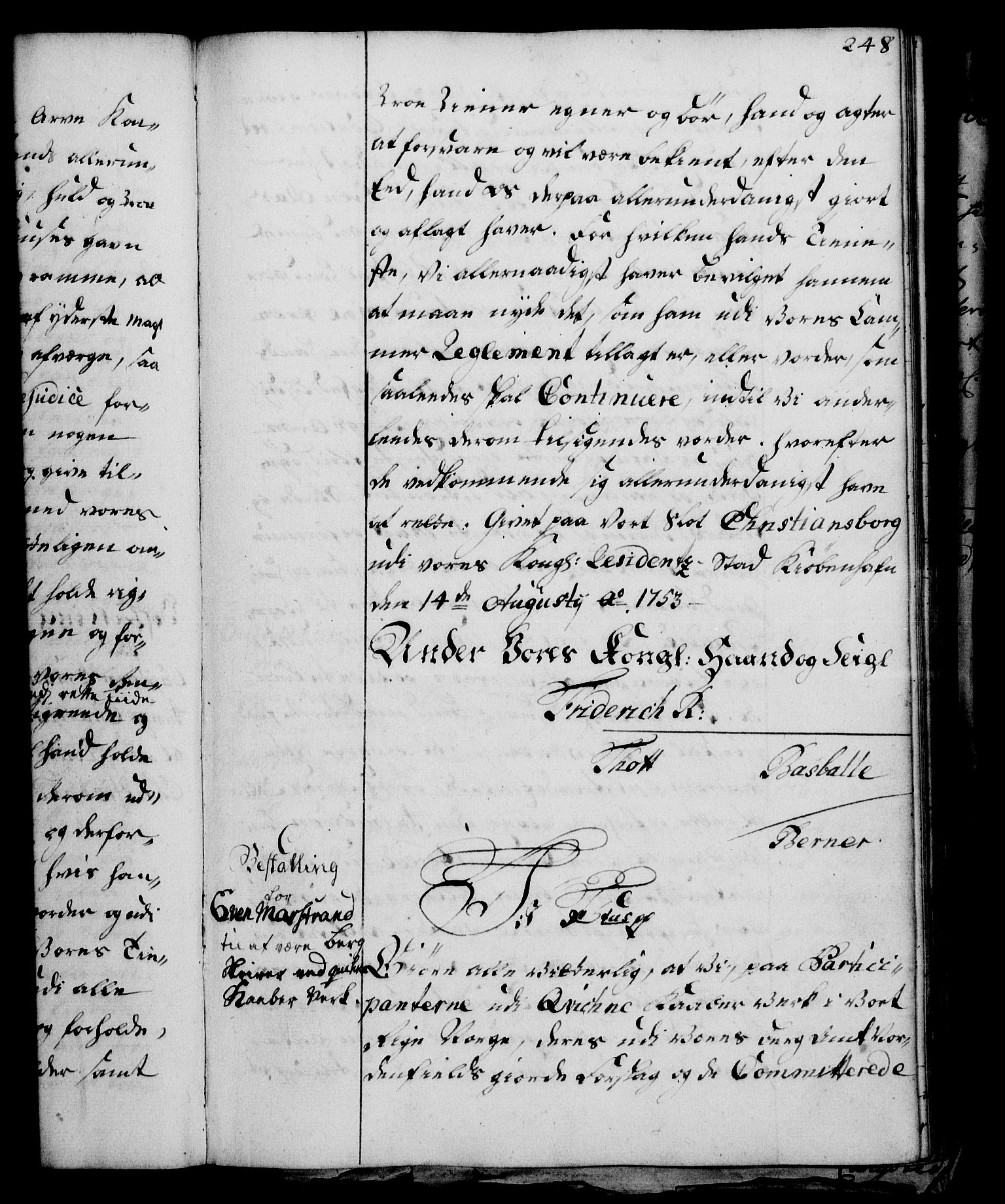 Rentekammeret, Kammerkanselliet, RA/EA-3111/G/Gg/Gge/L0003: Norsk bestallingsprotokoll med register (merket RK 53.27), 1745-1761, p. 248