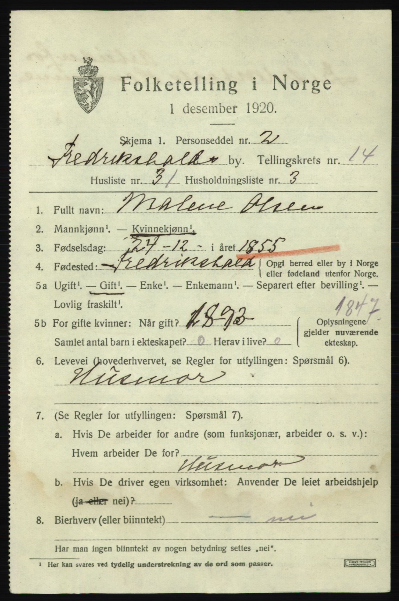 SAO, 1920 census for Fredrikshald, 1920, p. 23099