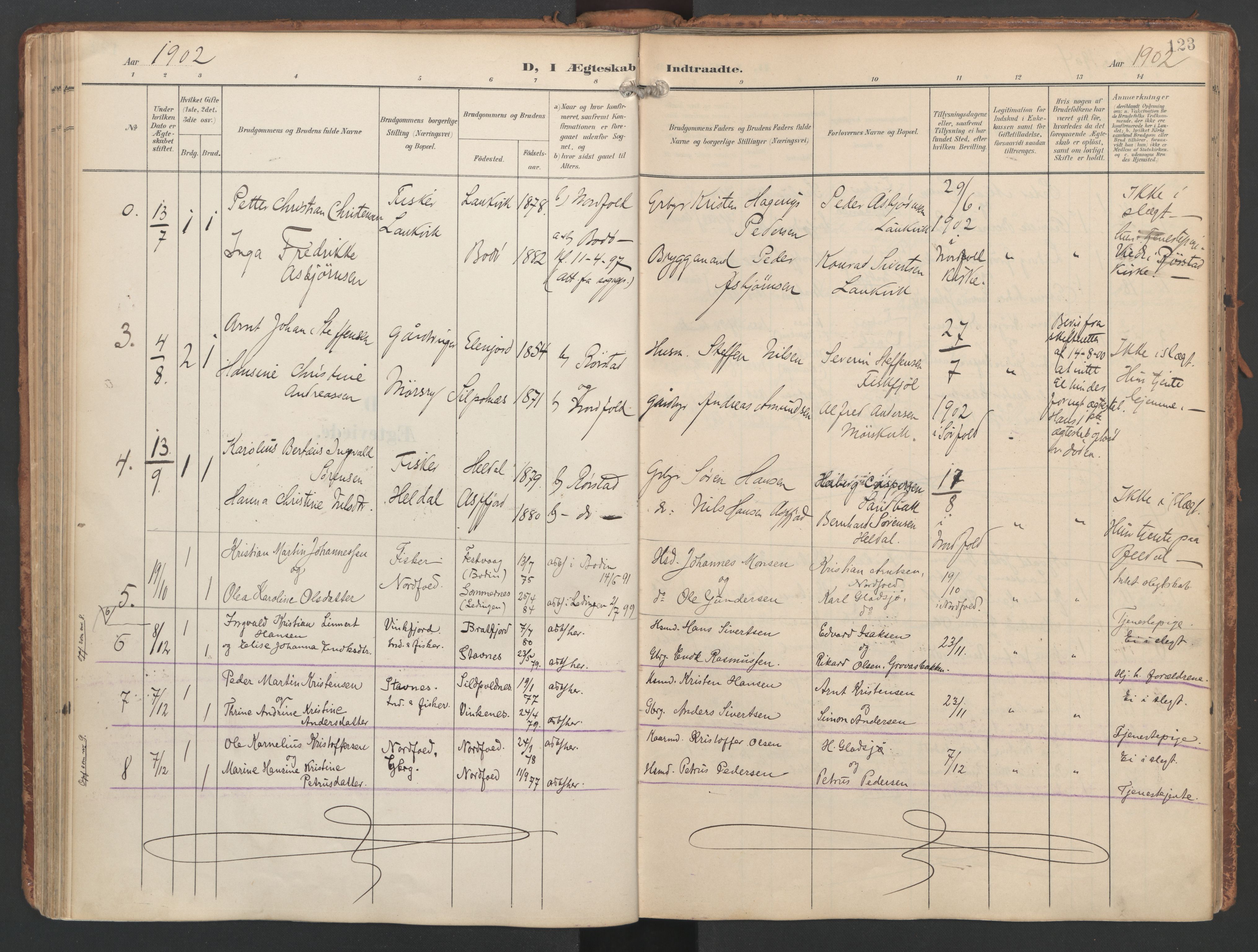 Ministerialprotokoller, klokkerbøker og fødselsregistre - Nordland, AV/SAT-A-1459/858/L0832: Parish register (official) no. 858A02, 1902-1915, p. 123