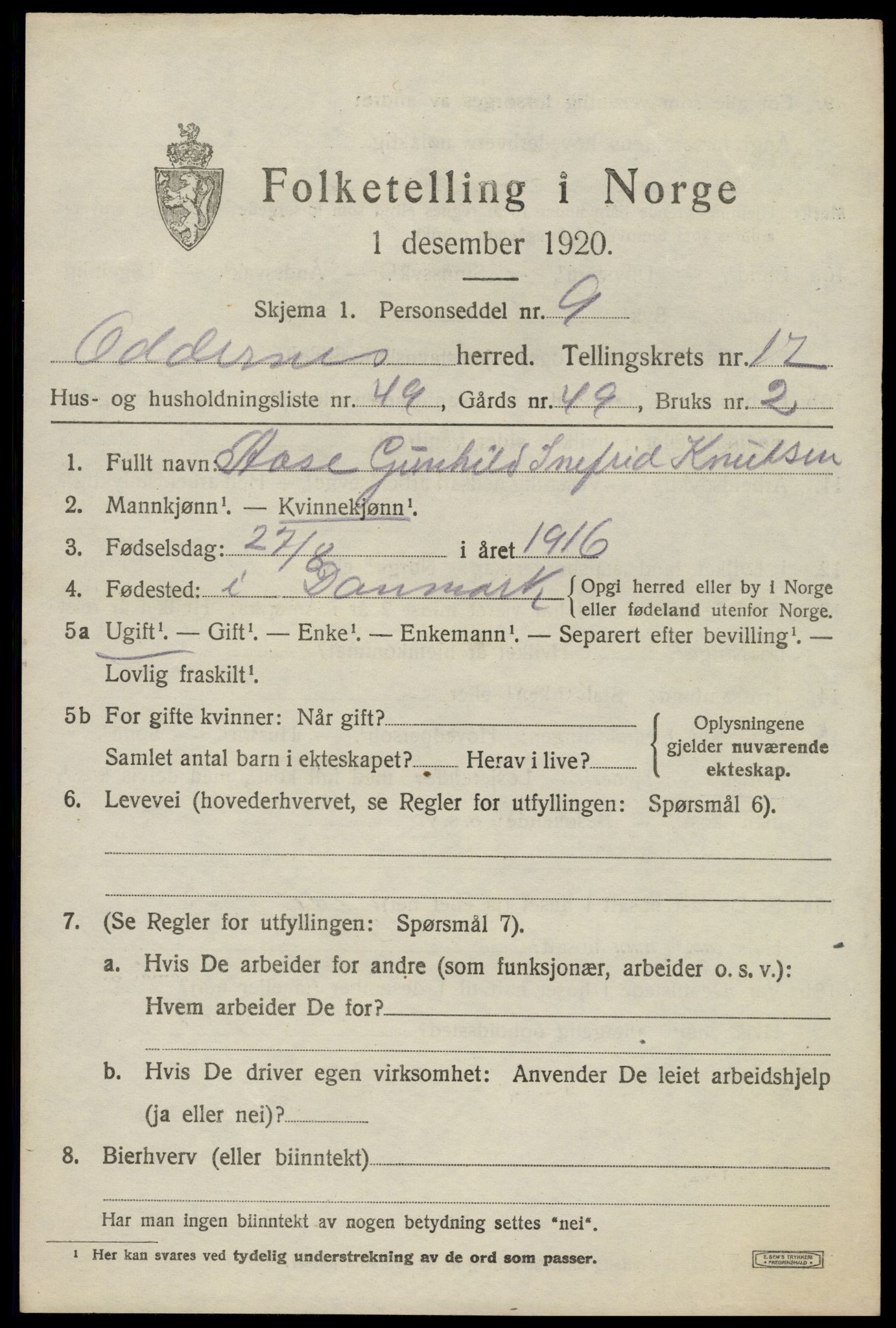 SAK, 1920 census for Oddernes, 1920, p. 13363