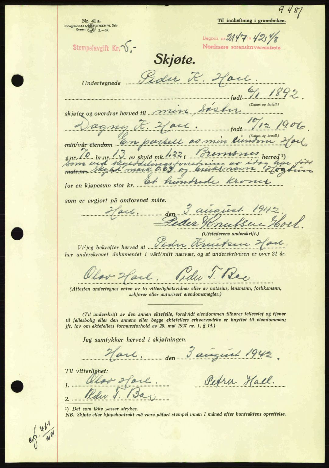 Nordmøre sorenskriveri, AV/SAT-A-4132/1/2/2Ca: Mortgage book no. A93, 1942-1942, Diary no: : 2147/1942