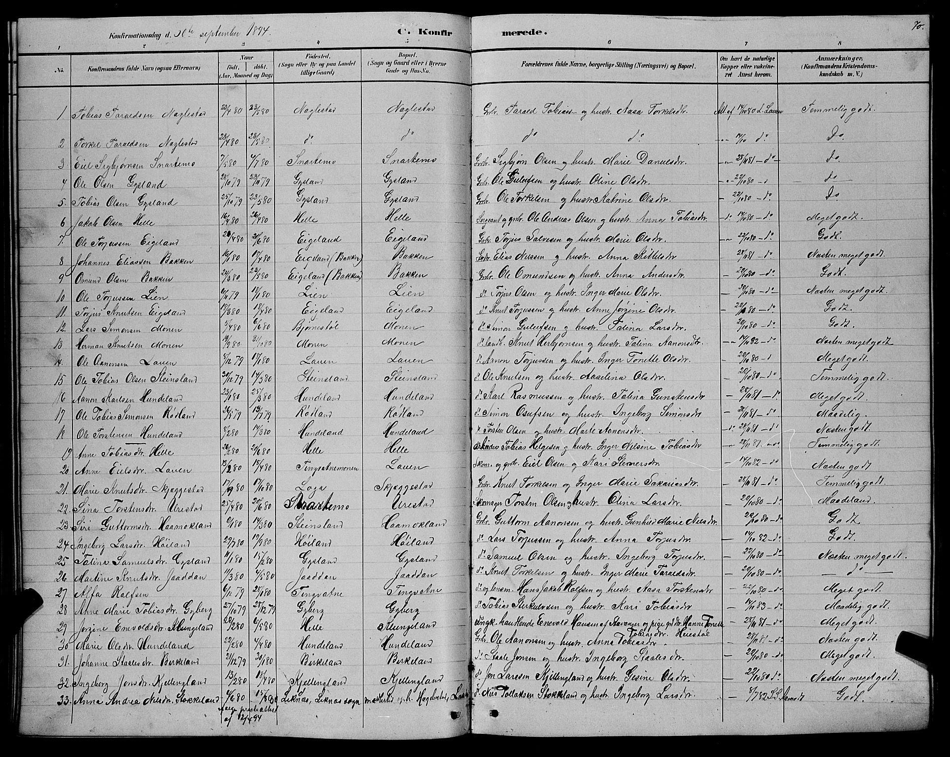 Hægebostad sokneprestkontor, AV/SAK-1111-0024/F/Fb/Fba/L0003: Parish register (copy) no. B 3, 1883-1896, p. 70