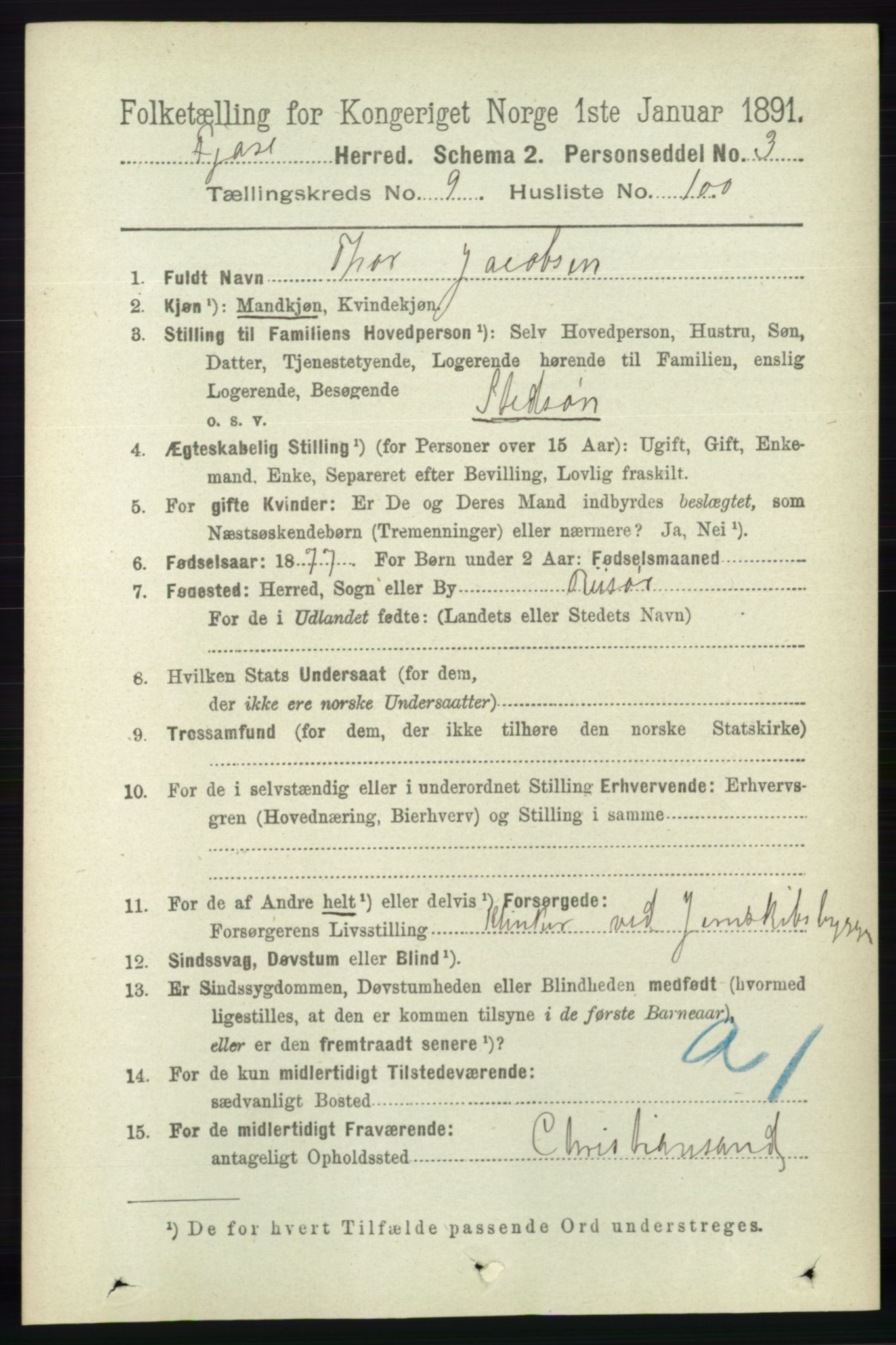 RA, 1891 census for 0923 Fjære, 1891, p. 4908