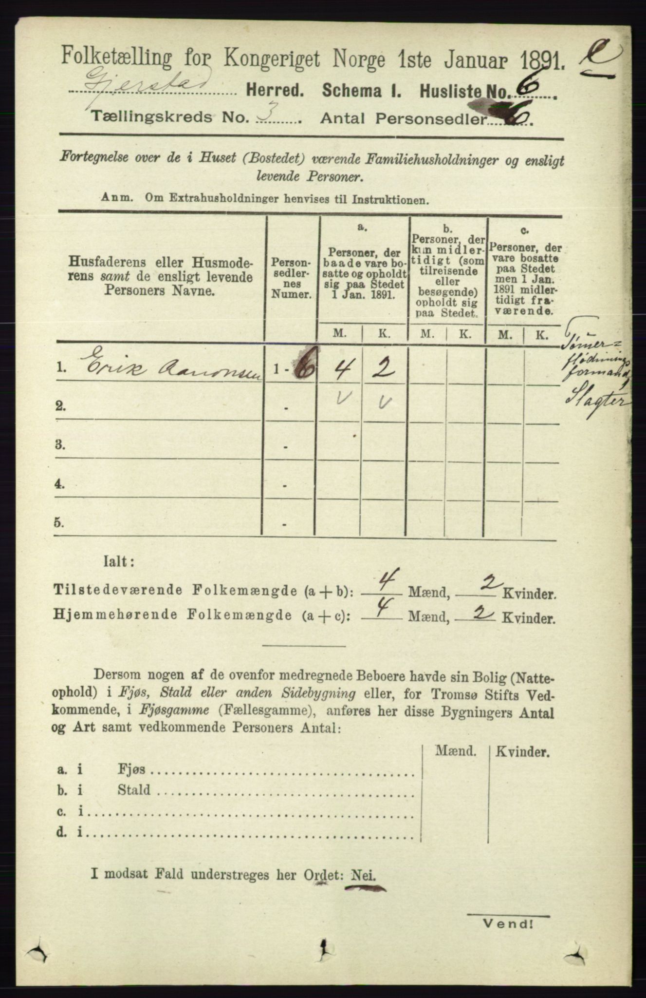 RA, 1891 census for 0911 Gjerstad, 1891, p. 1005