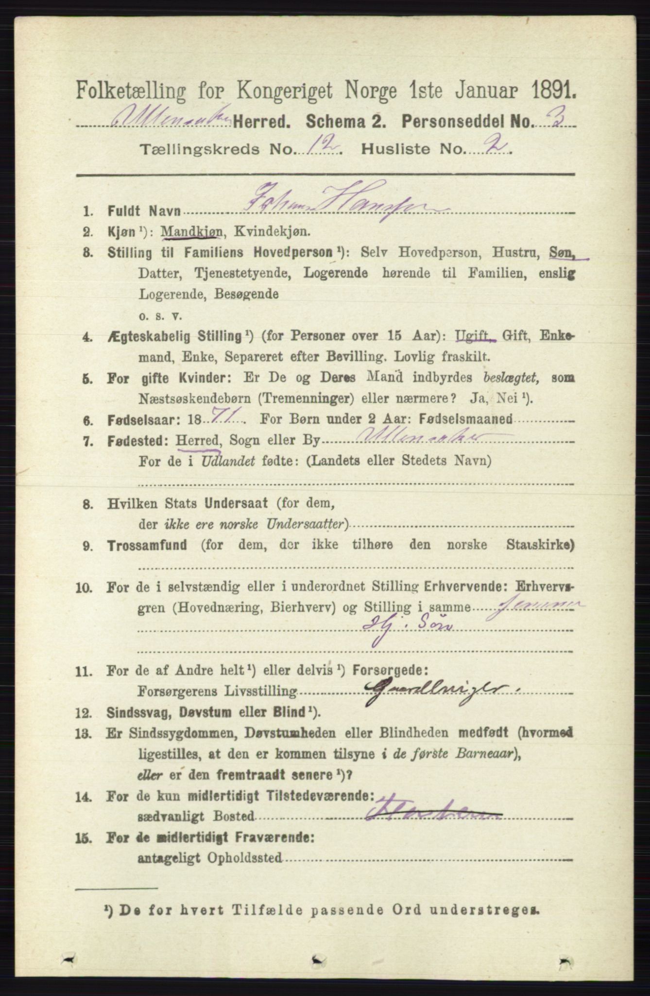 RA, 1891 census for 0235 Ullensaker, 1891, p. 5617