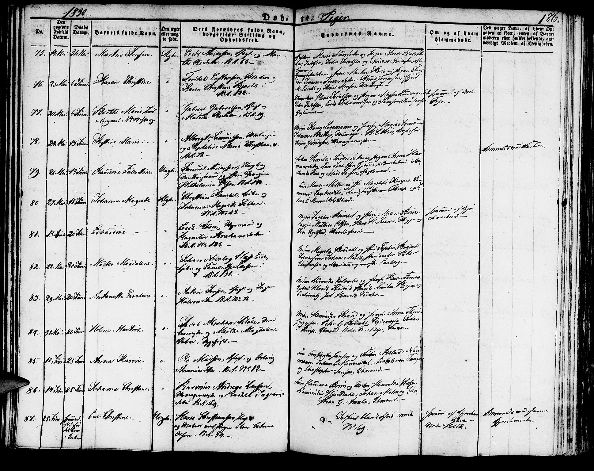 Domkirken sokneprestembete, SAB/A-74801/H/Haa/L0012: Parish register (official) no. A 12, 1821-1840, p. 186