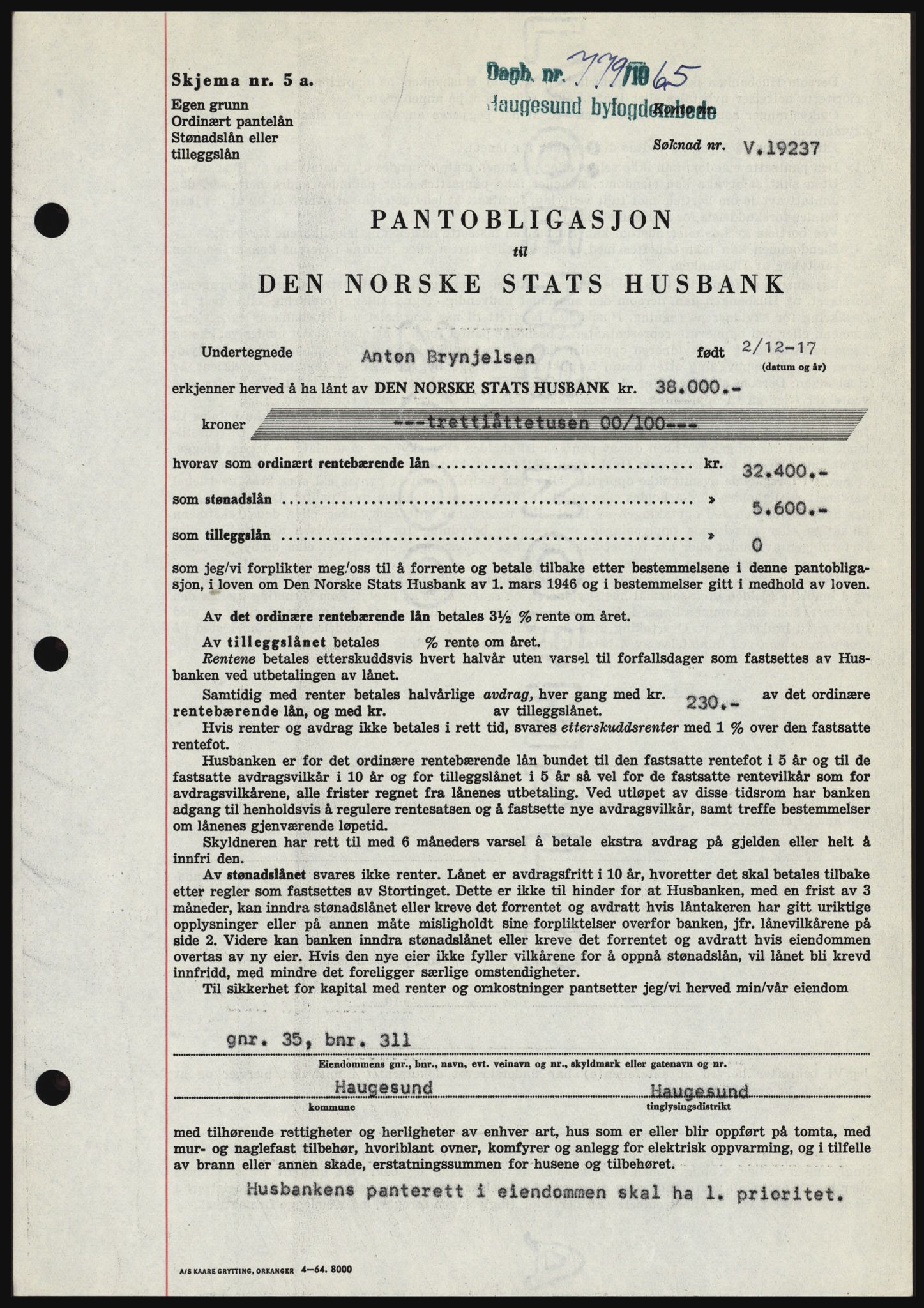Haugesund tingrett, SAST/A-101415/01/II/IIC/L0053: Mortgage book no. B 53, 1965-1965, Diary no: : 779/1965