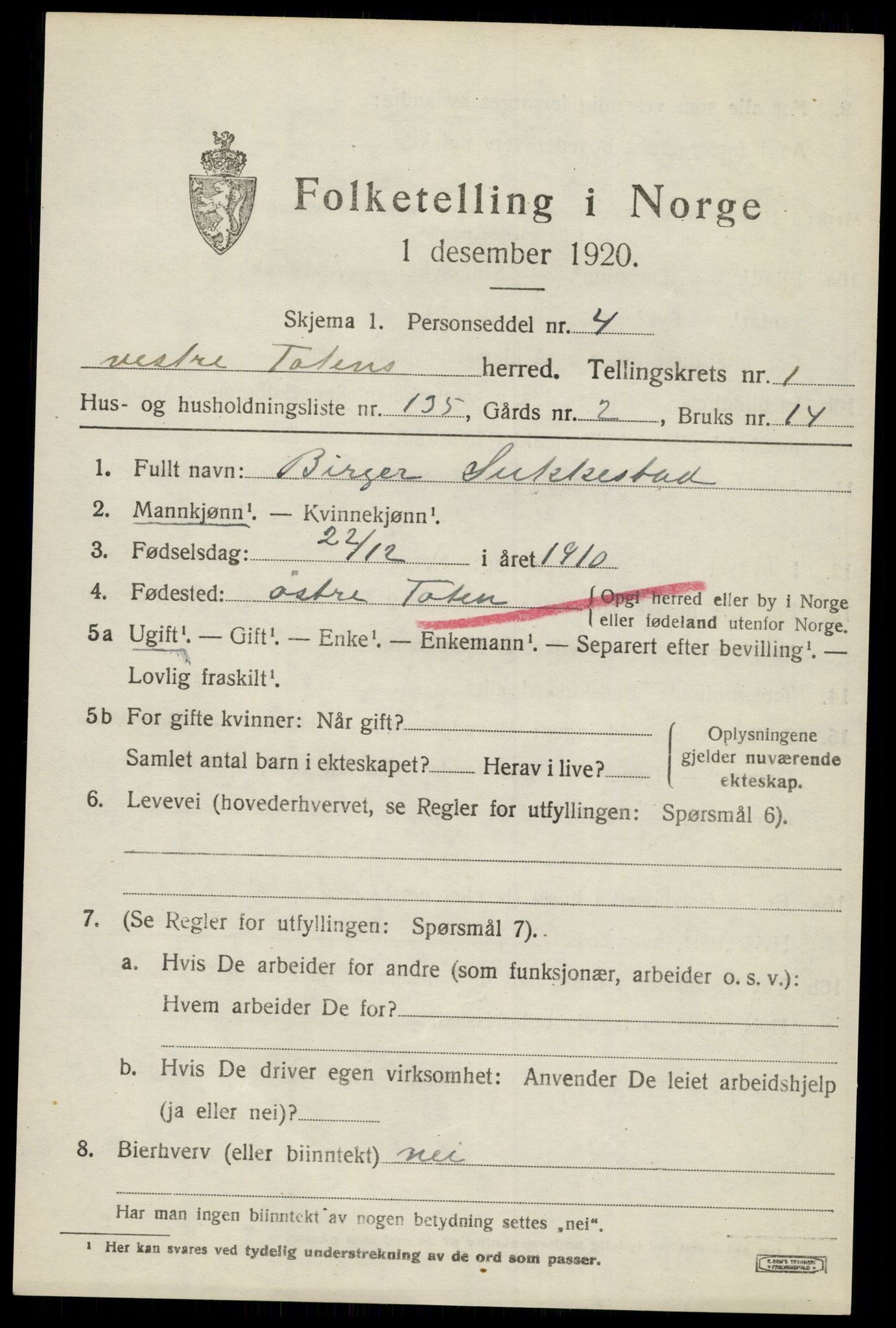 SAH, 1920 census for Vestre Toten, 1920, p. 3434