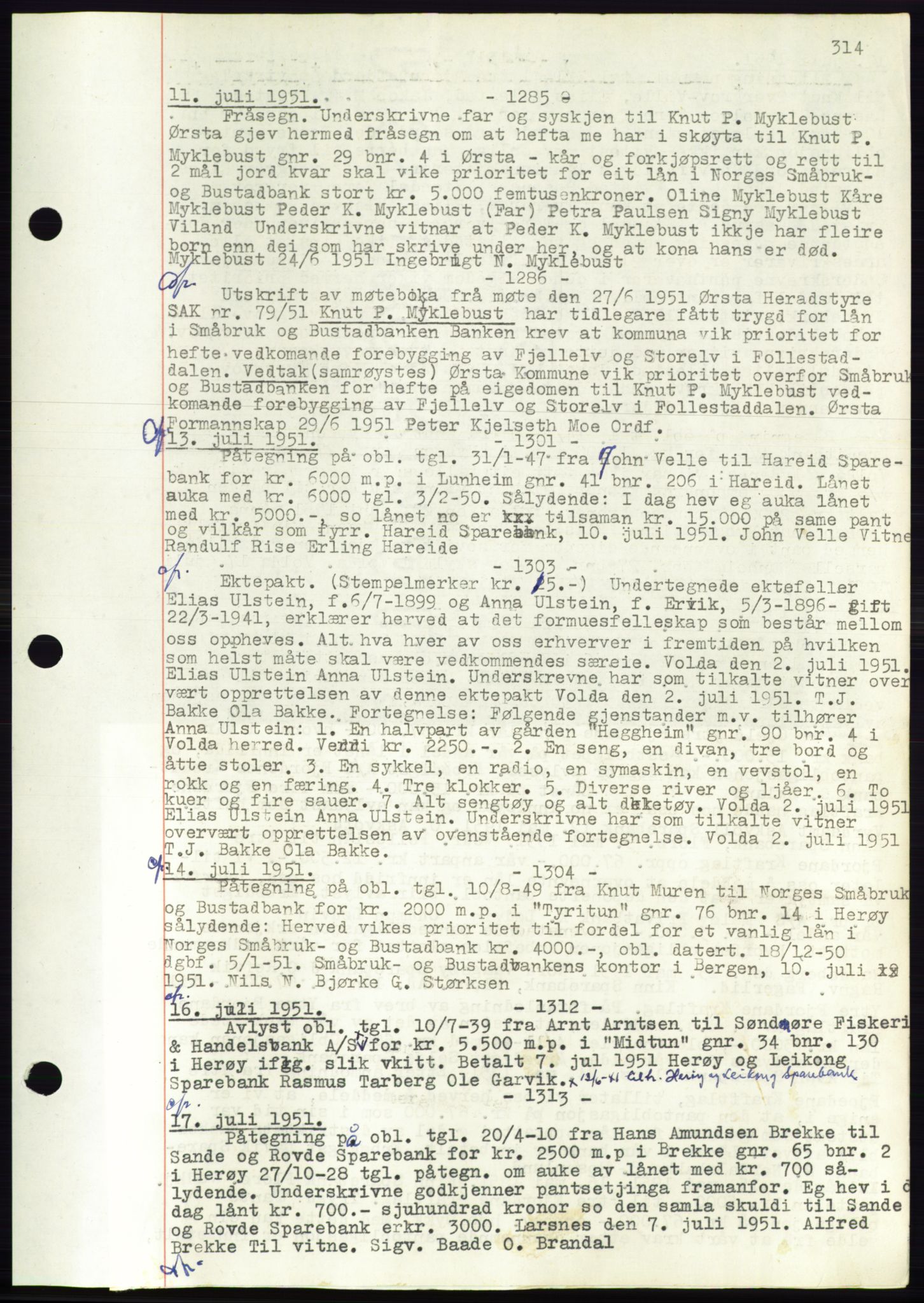 Søre Sunnmøre sorenskriveri, AV/SAT-A-4122/1/2/2C/L0072: Mortgage book no. 66, 1941-1955, Diary no: : 1285/1951