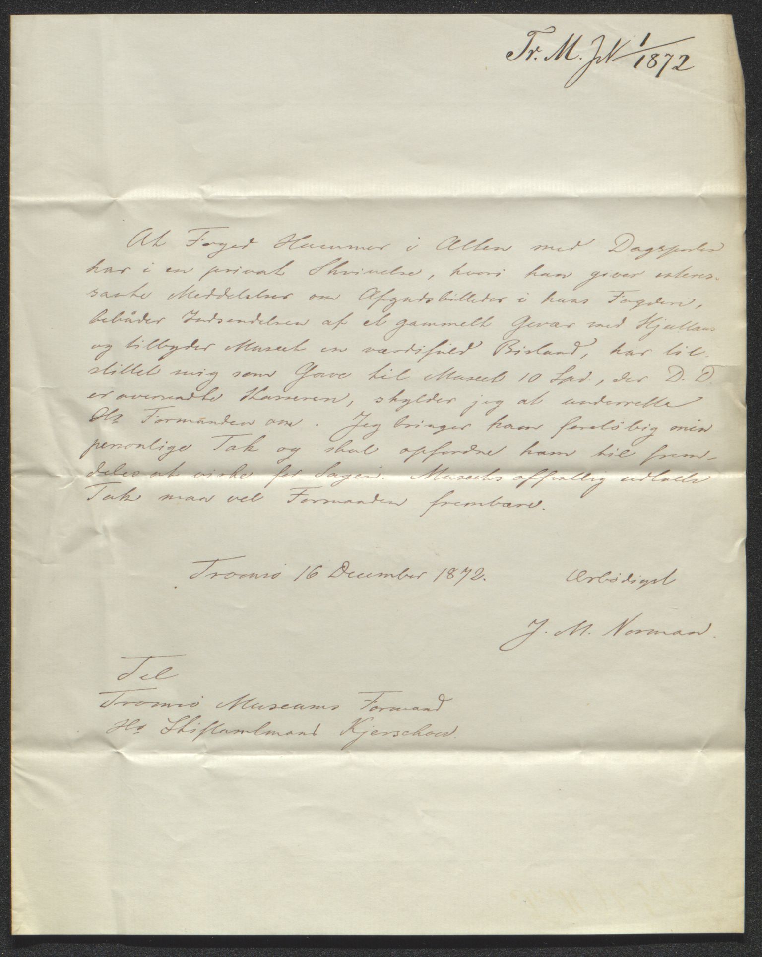 Tromsø Museum, AV/SATØ-S-0162/D/Db/L0032: Journalsaker og innkomne brev, 1872-1878, p. 2