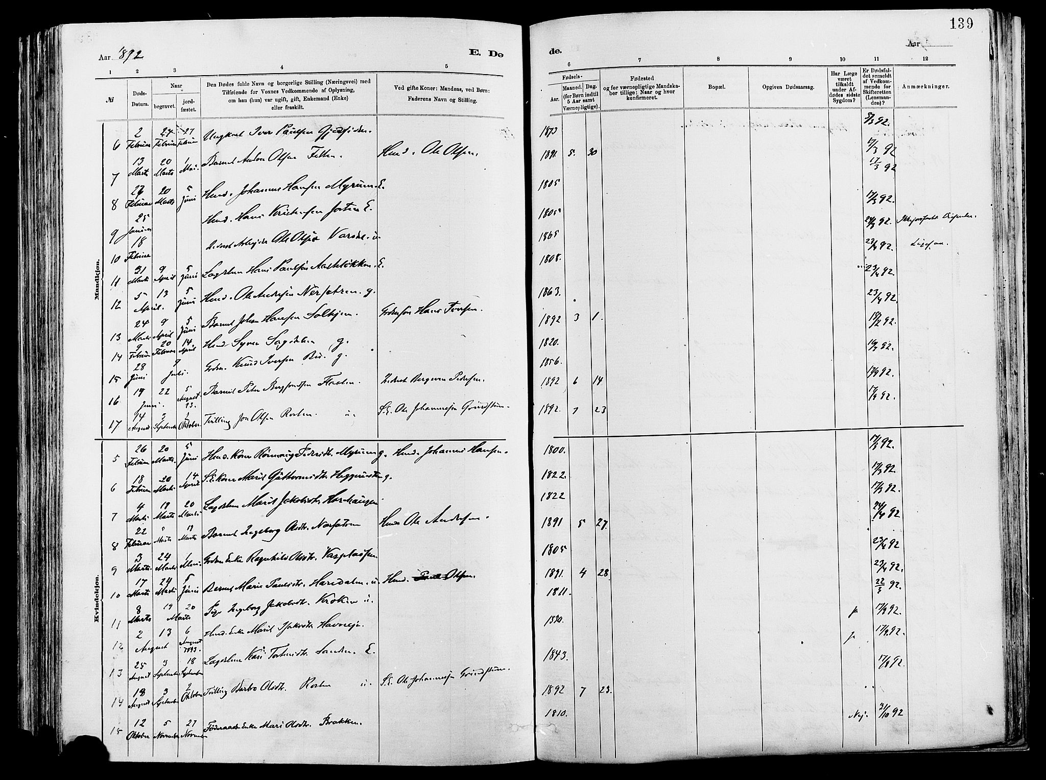 Vågå prestekontor, AV/SAH-PREST-076/H/Ha/Haa/L0008: Parish register (official) no. 8, 1886-1904, p. 139