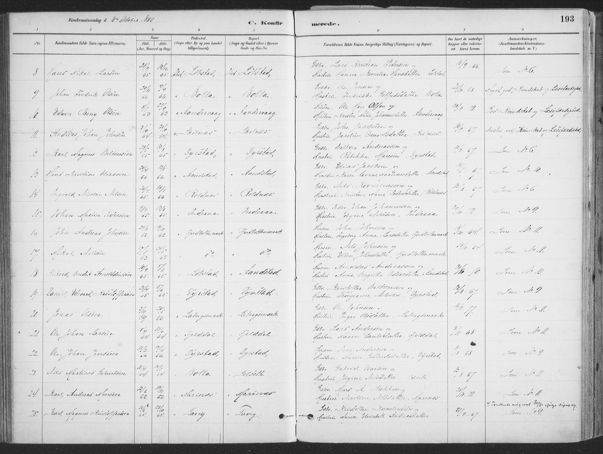 Ibestad sokneprestembete, AV/SATØ-S-0077/H/Ha/Haa/L0011kirke: Parish register (official) no. 11, 1880-1889, p. 193