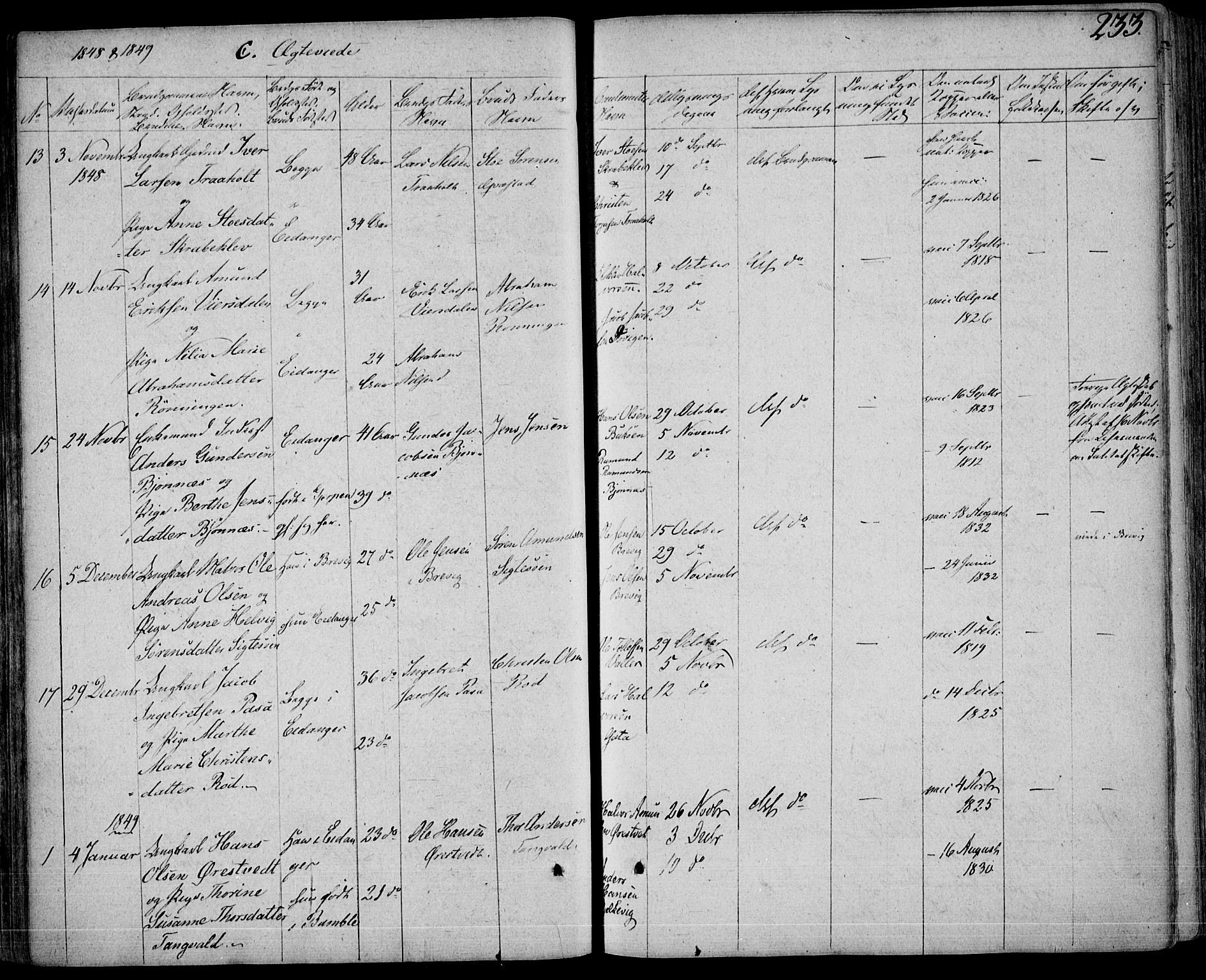 Eidanger kirkebøker, SAKO/A-261/F/Fa/L0008: Parish register (official) no. 8, 1831-1858, p. 233