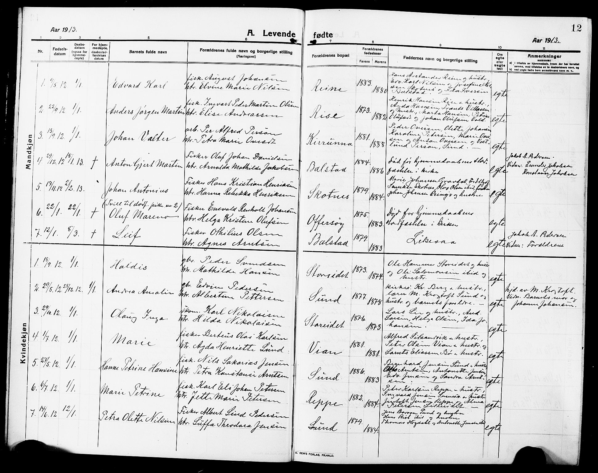 Ministerialprotokoller, klokkerbøker og fødselsregistre - Nordland, SAT/A-1459/881/L1169: Parish register (copy) no. 881C06, 1912-1930, p. 12