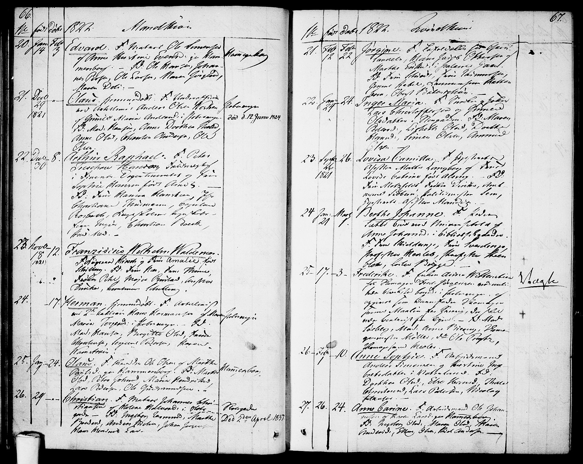 Garnisonsmenigheten Kirkebøker, AV/SAO-A-10846/F/Fa/L0004: Parish register (official) no. 4, 1820-1828, p. 66-67