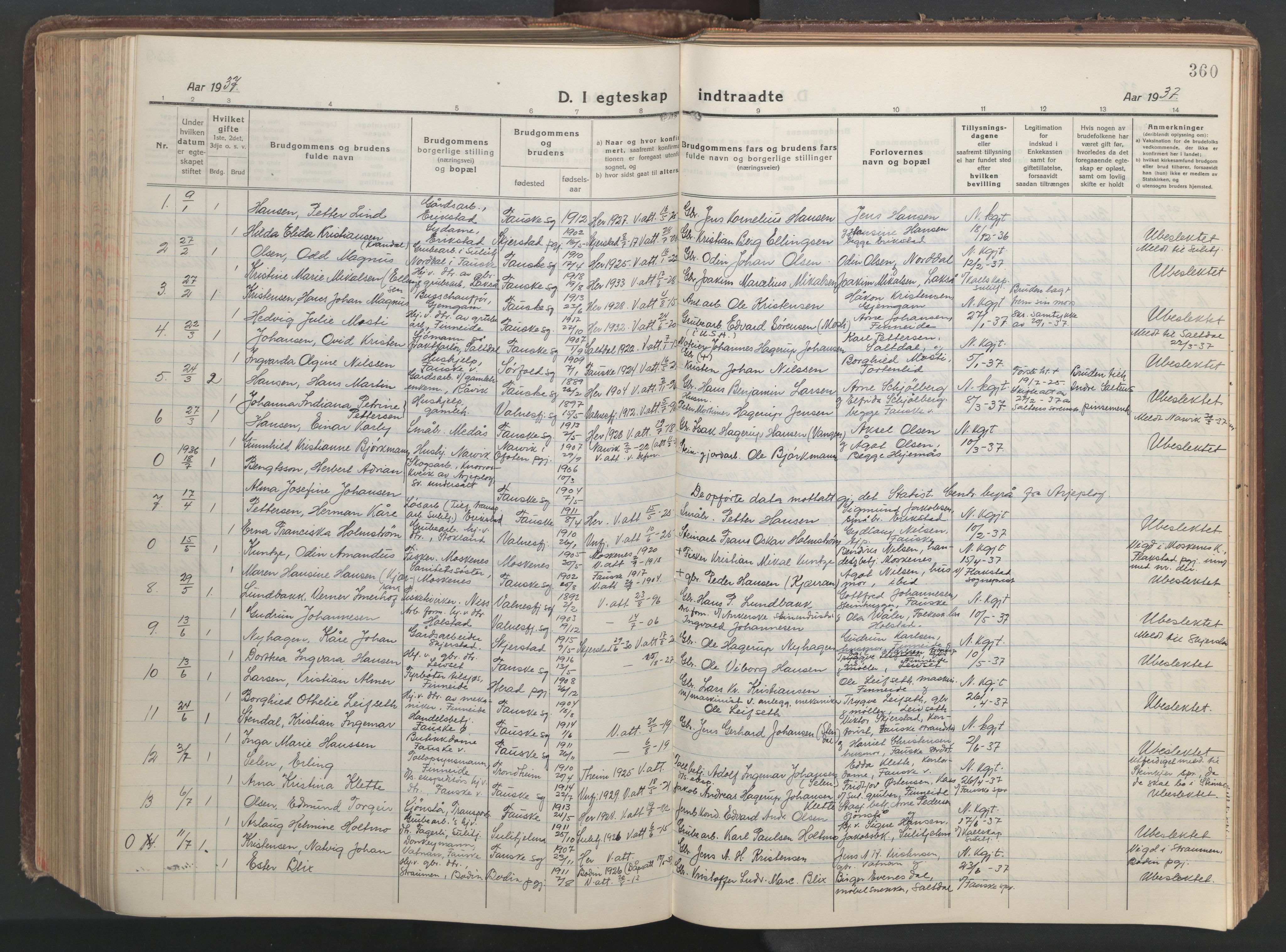 Ministerialprotokoller, klokkerbøker og fødselsregistre - Nordland, AV/SAT-A-1459/849/L0700: Parish register (copy) no. 849C01, 1919-1946, p. 360