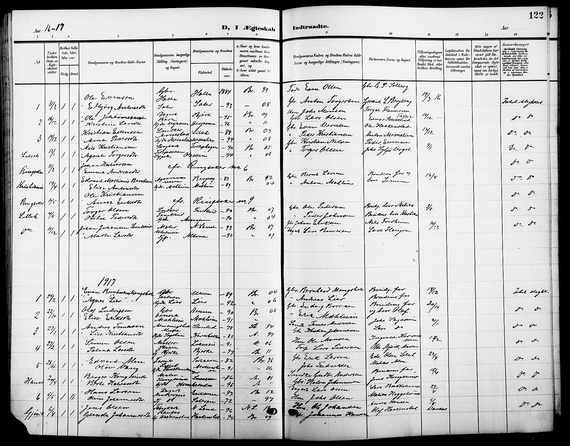 Ringsaker prestekontor, AV/SAH-PREST-014/L/La/L0016: Parish register (copy) no. 16, 1905-1920, p. 122