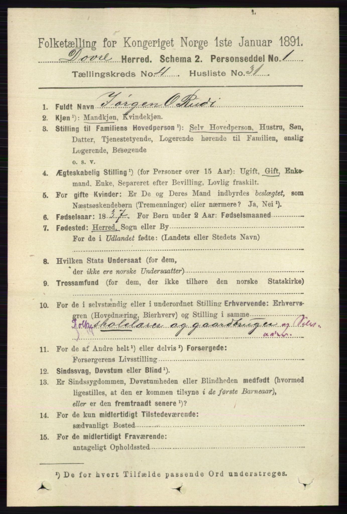 RA, 1891 census for 0511 Dovre, 1891, p. 2129