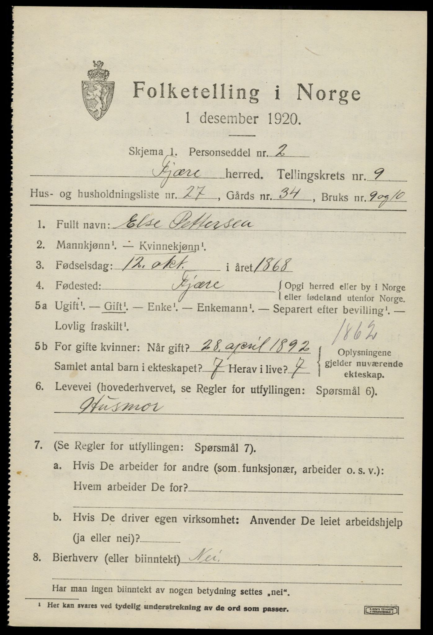 SAK, 1920 census for Fjære, 1920, p. 11379