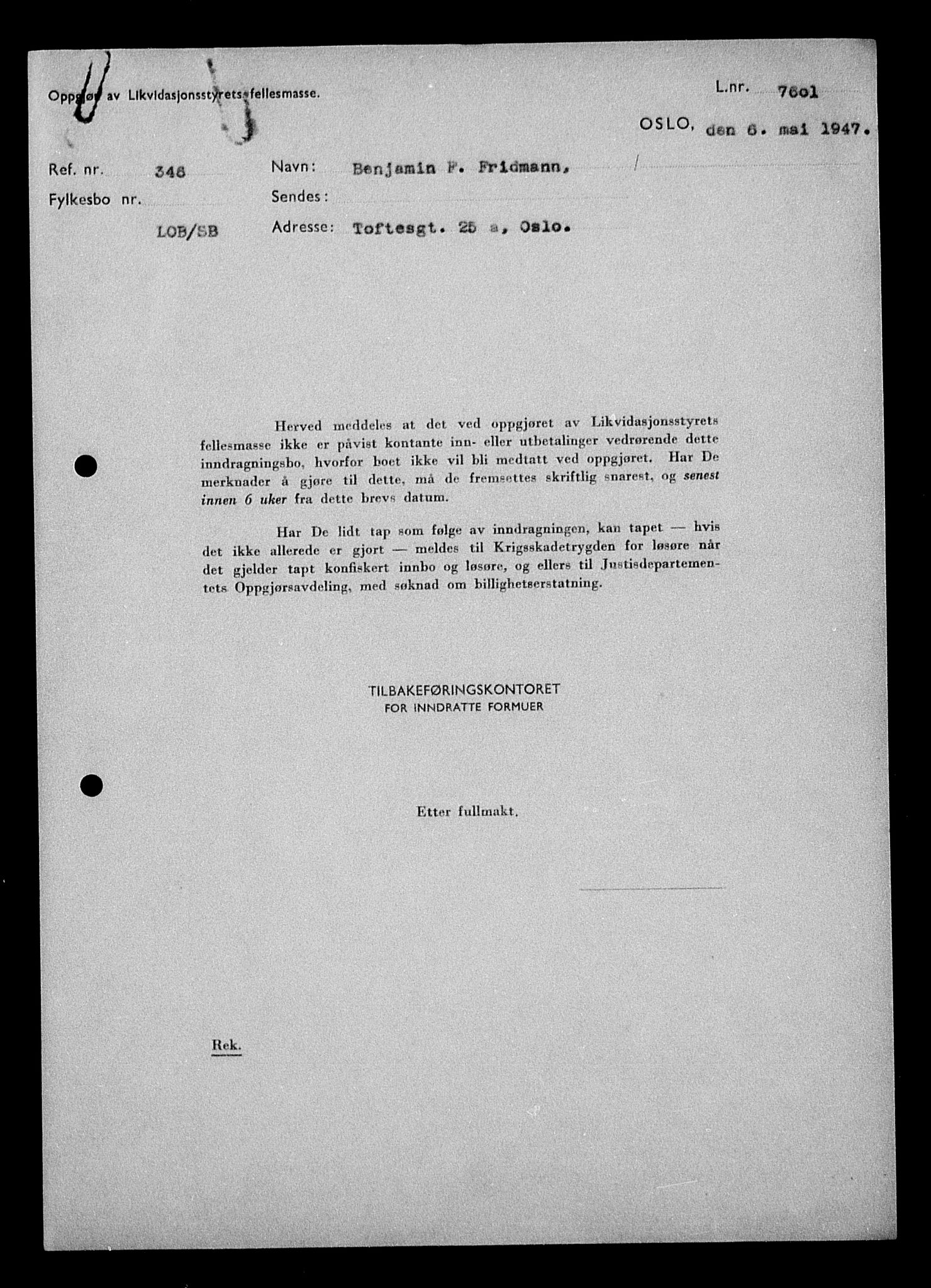 Justisdepartementet, Tilbakeføringskontoret for inndratte formuer, AV/RA-S-1564/H/Hc/Hcc/L0936: --, 1945-1947, p. 20