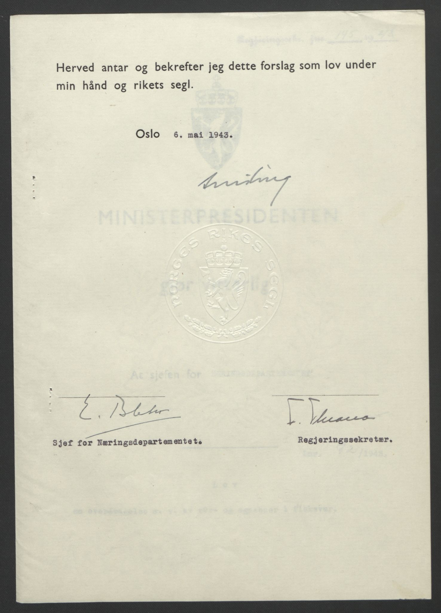 NS-administrasjonen 1940-1945 (Statsrådsekretariatet, de kommisariske statsråder mm), AV/RA-S-4279/D/Db/L0099: Lover, 1943, p. 331