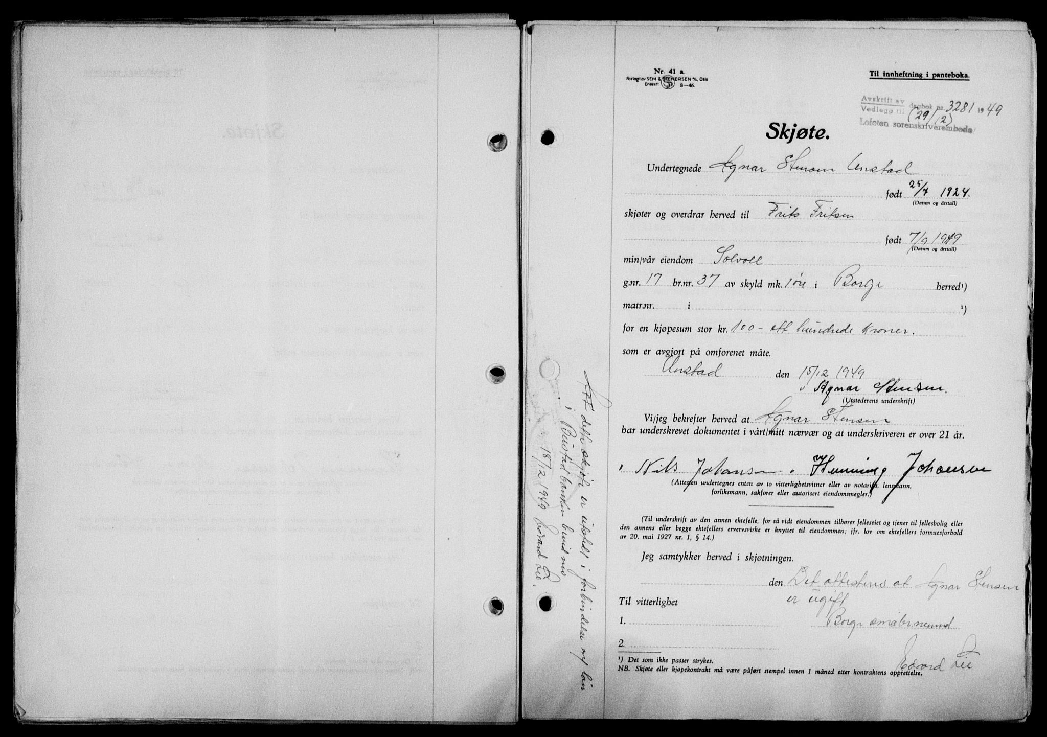 Lofoten sorenskriveri, SAT/A-0017/1/2/2C/L0022a: Mortgage book no. 22a, 1949-1950, Diary no: : 3281/1949