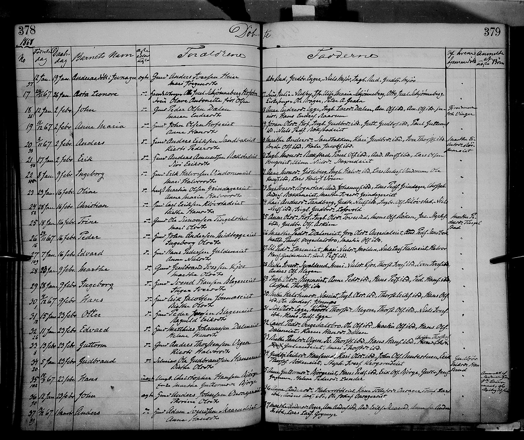 Gran prestekontor, AV/SAH-PREST-112/H/Ha/Haa/L0012: Parish register (official) no. 12, 1856-1874, p. 378-379