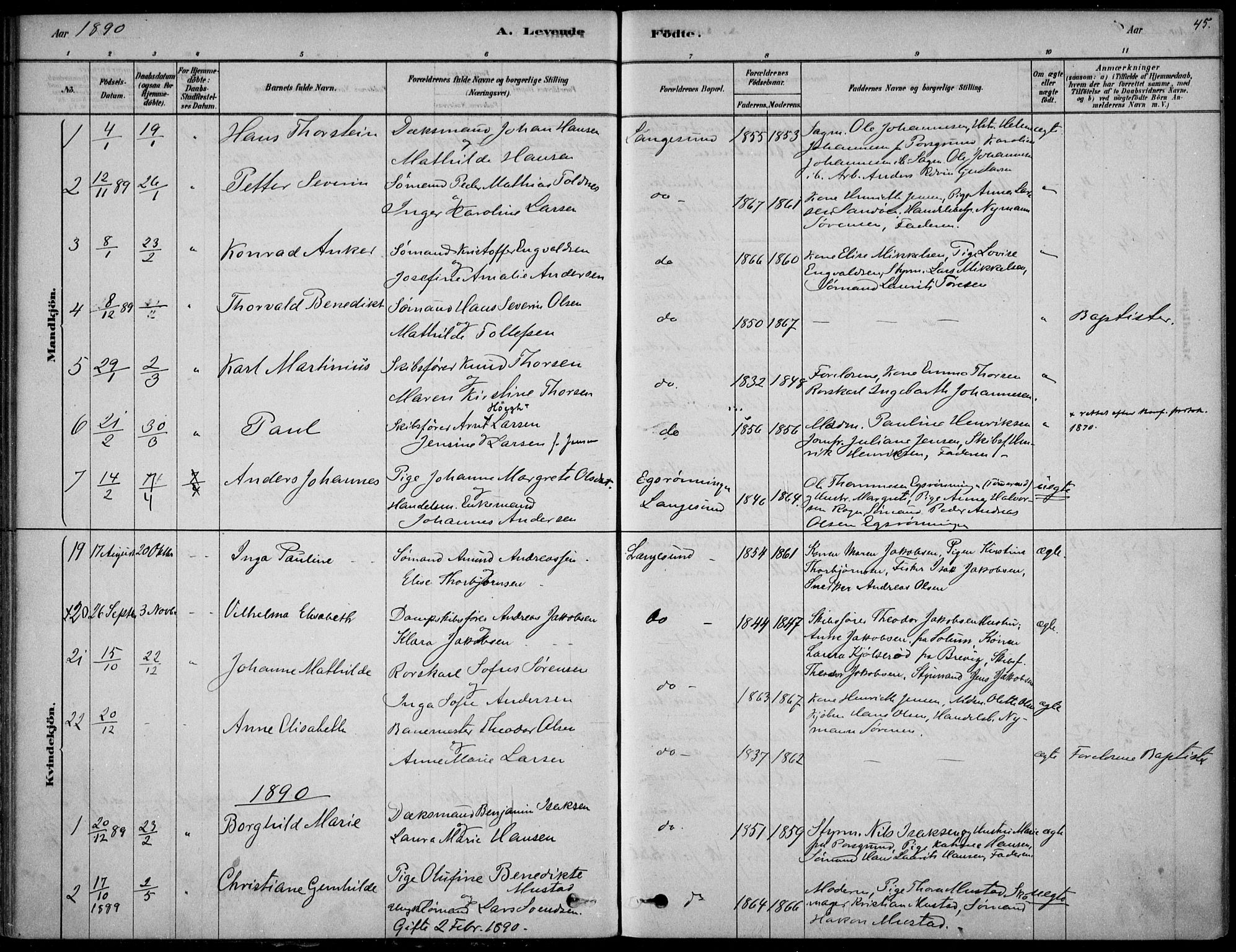 Langesund kirkebøker, AV/SAKO-A-280/F/Fa/L0002: Parish register (official) no. 2, 1878-1892, p. 45