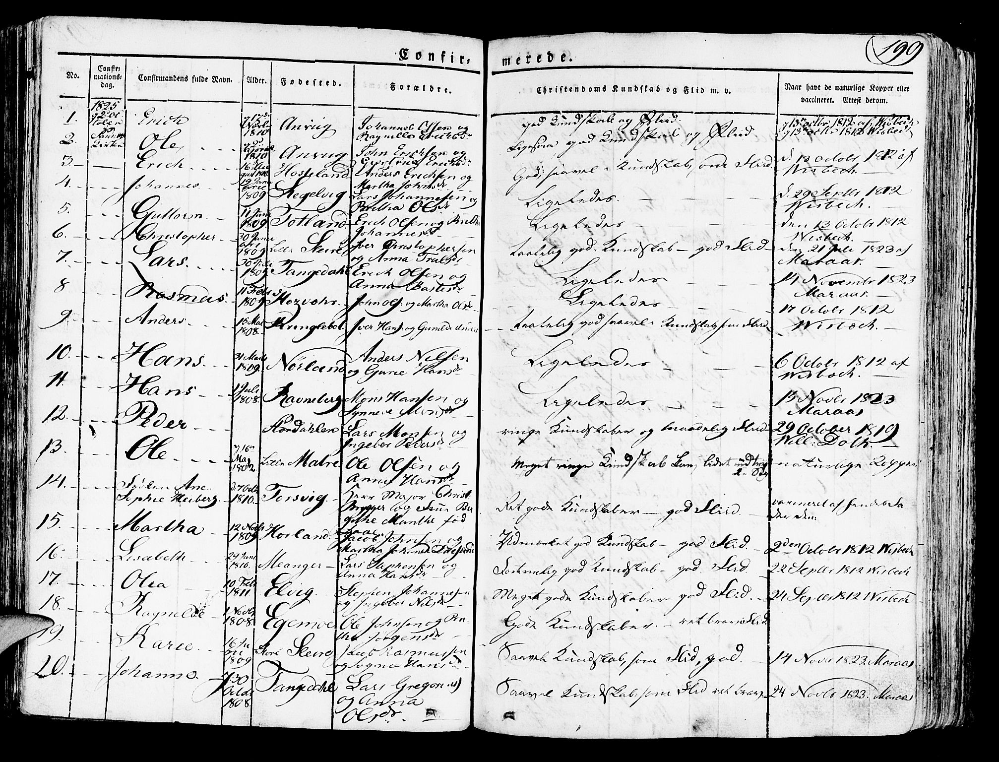 Lindås Sokneprestembete, SAB/A-76701/H/Haa: Parish register (official) no. A 8, 1823-1836, p. 199