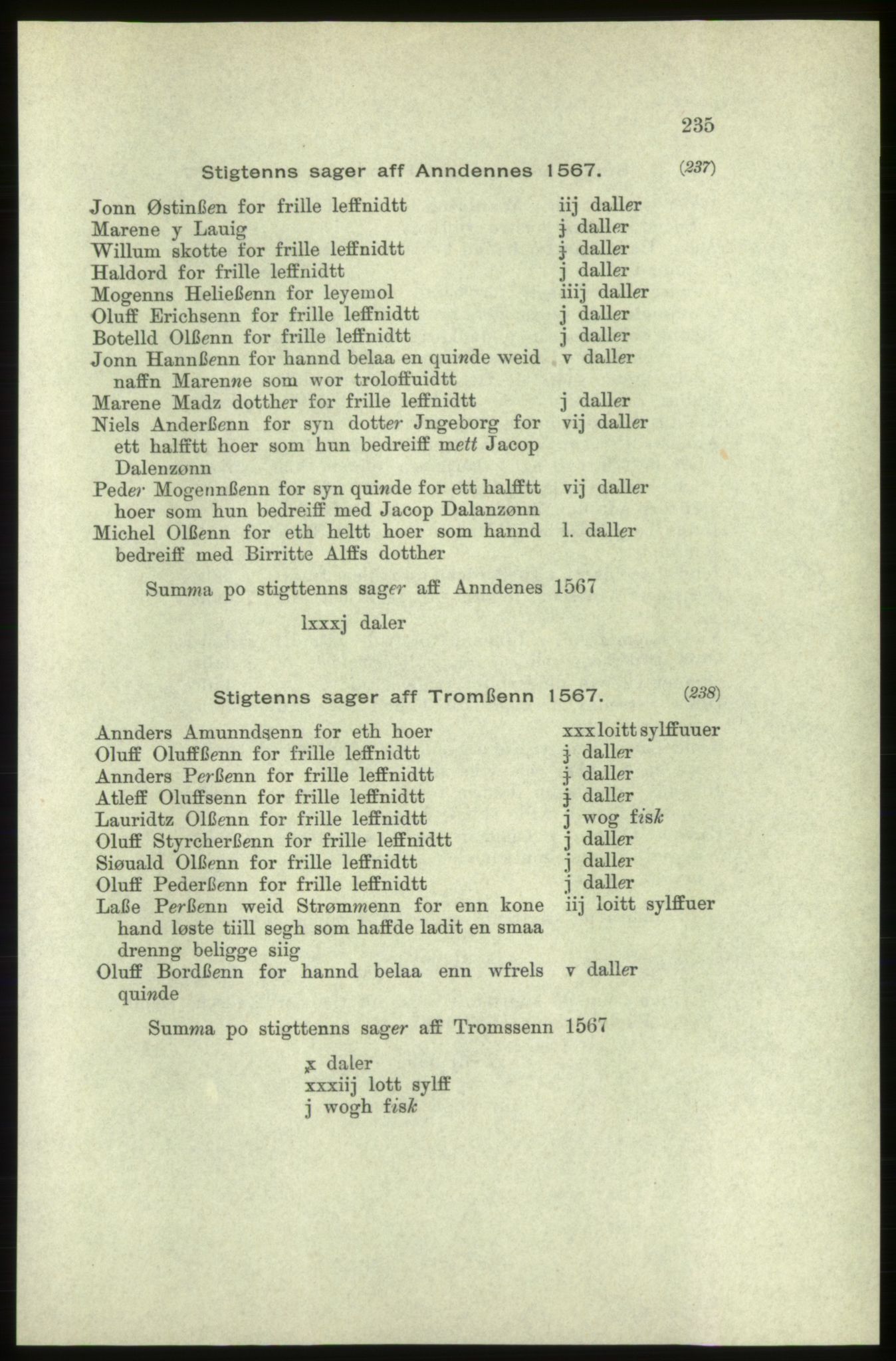 Publikasjoner utgitt av Arkivverket, PUBL/PUBL-001/C/0005: Bind 5: Rekneskap for Bergenhus len 1566-1567: B. Utgift C. Dei nordlandske lena og Finnmark D. Ekstrakt, 1566-1567, p. 235