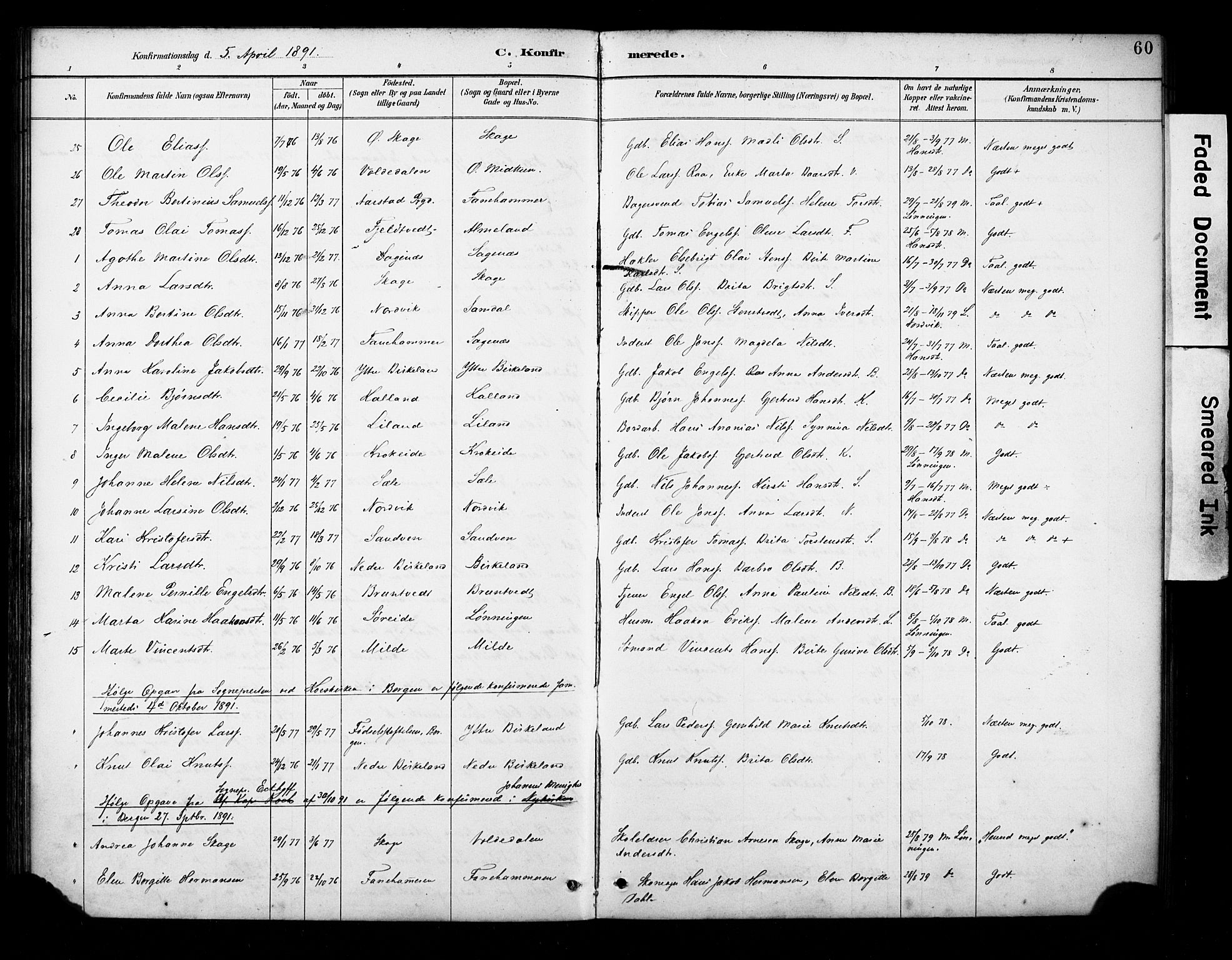 Fana Sokneprestembete, AV/SAB-A-75101/H/Haa/Haab/L0002: Parish register (official) no. B 2, 1890-1897, p. 60