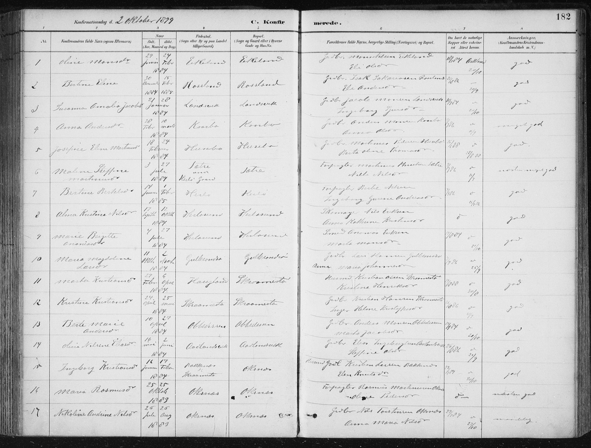 Herdla Sokneprestembete, AV/SAB-A-75701/H/Haa: Parish register (official) no. A 4, 1891-1905, p. 182