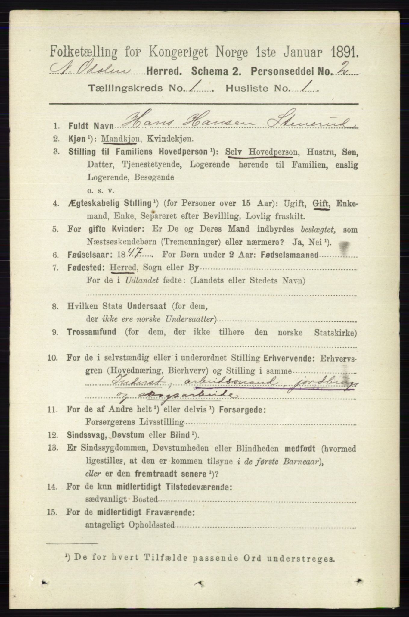 RA, 1891 census for 0418 Nord-Odal, 1891, p. 87