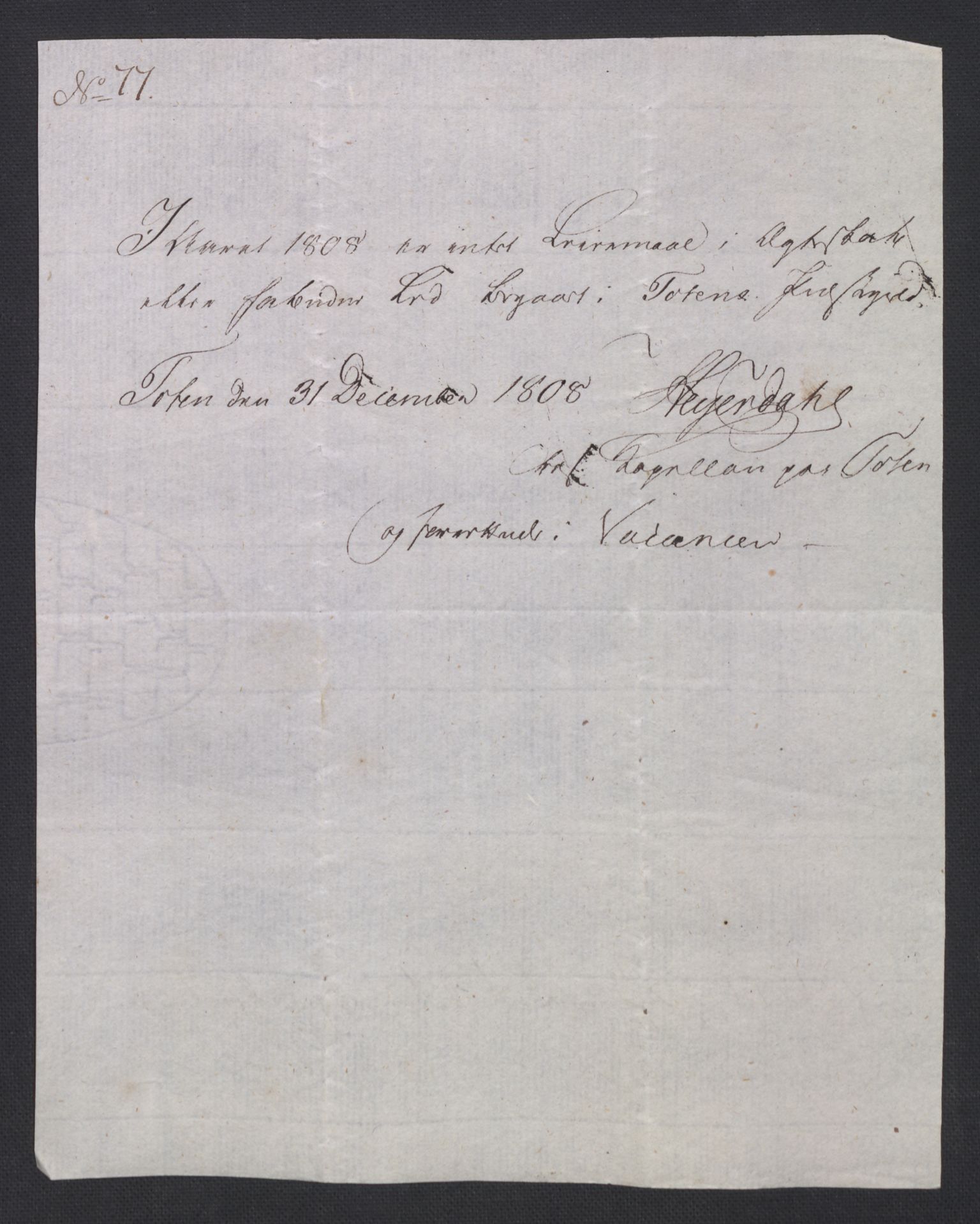 Rentekammeret inntil 1814, Reviderte regnskaper, Fogderegnskap, AV/RA-EA-4092/R19/L1396: Fogderegnskap Toten, Hadeland og Vardal, 1808, p. 297