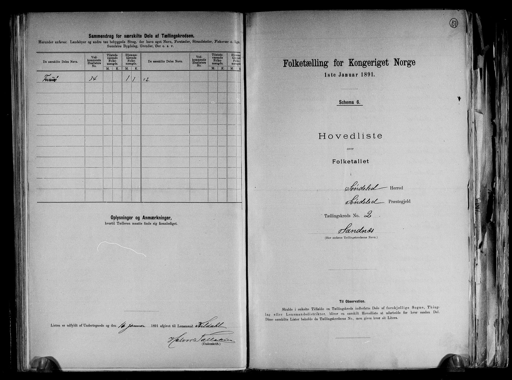 RA, 1891 census for 0913 Søndeled, 1891, p. 7