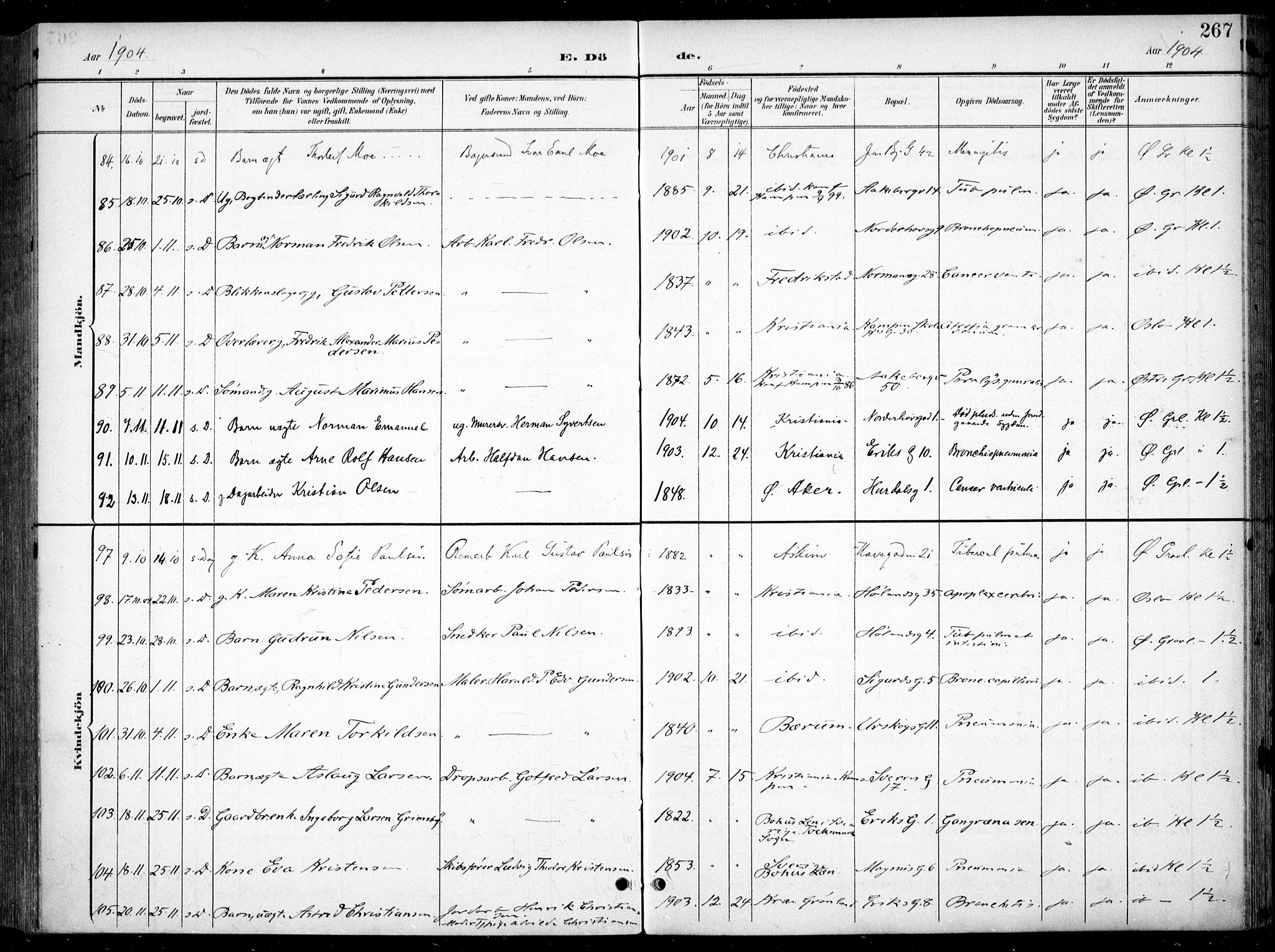 Kampen prestekontor Kirkebøker, AV/SAO-A-10853/F/Fa/L0009: Parish register (official) no. I 9, 1899-1911, p. 267