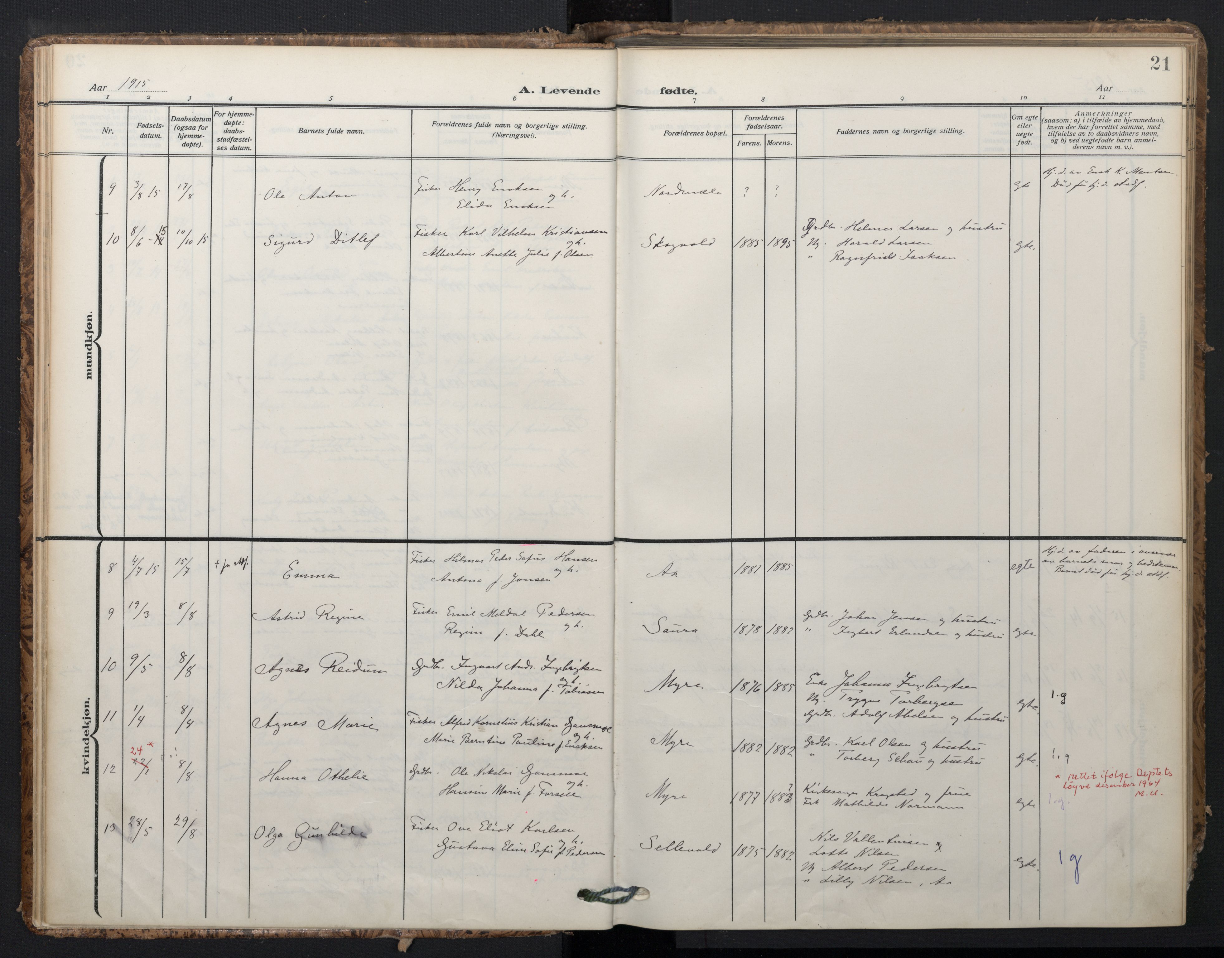 Ministerialprotokoller, klokkerbøker og fødselsregistre - Nordland, AV/SAT-A-1459/897/L1401: Parish register (official) no. 897A08, 1909-1921, p. 21