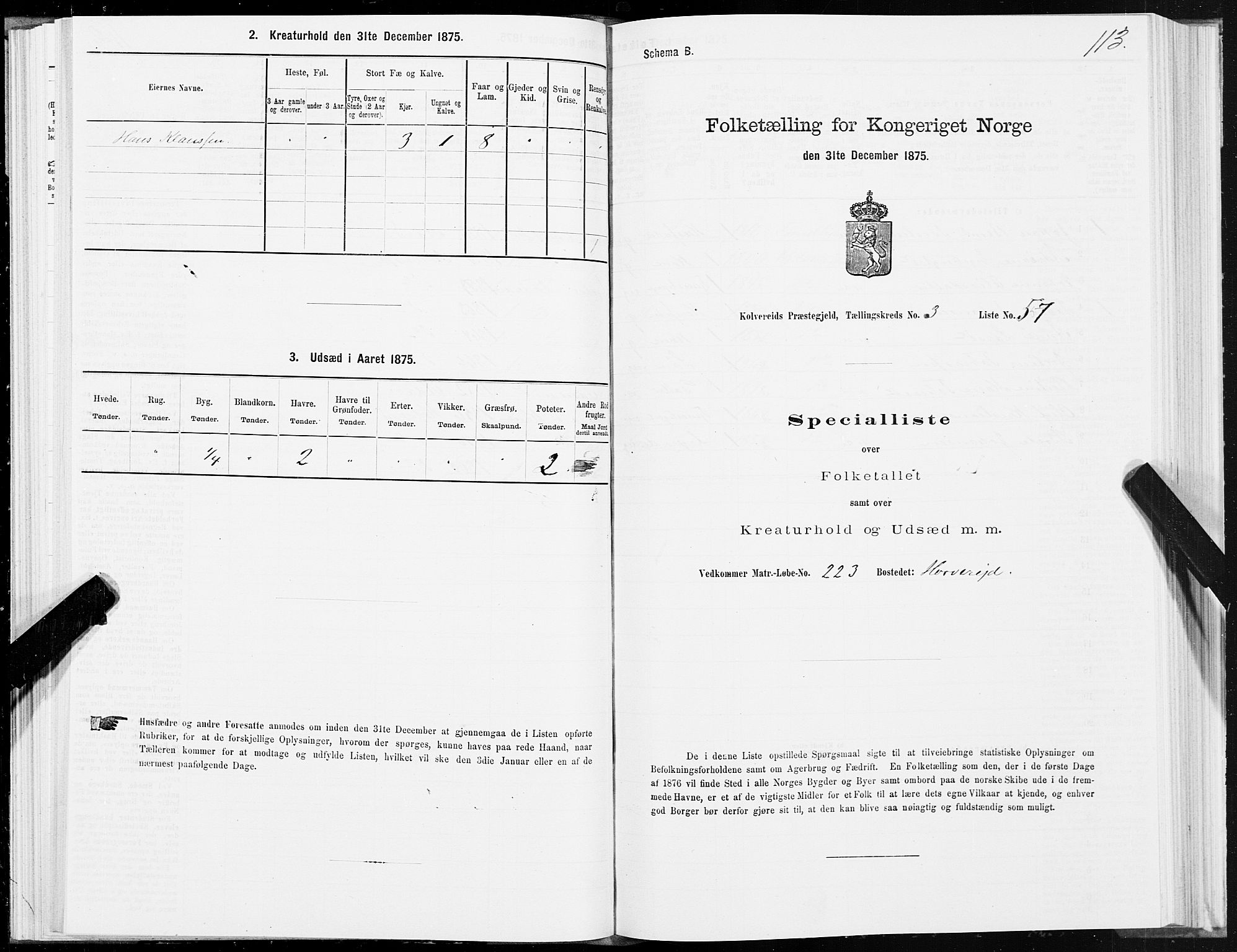 SAT, 1875 census for 1752P Kolvereid, 1875, p. 2113