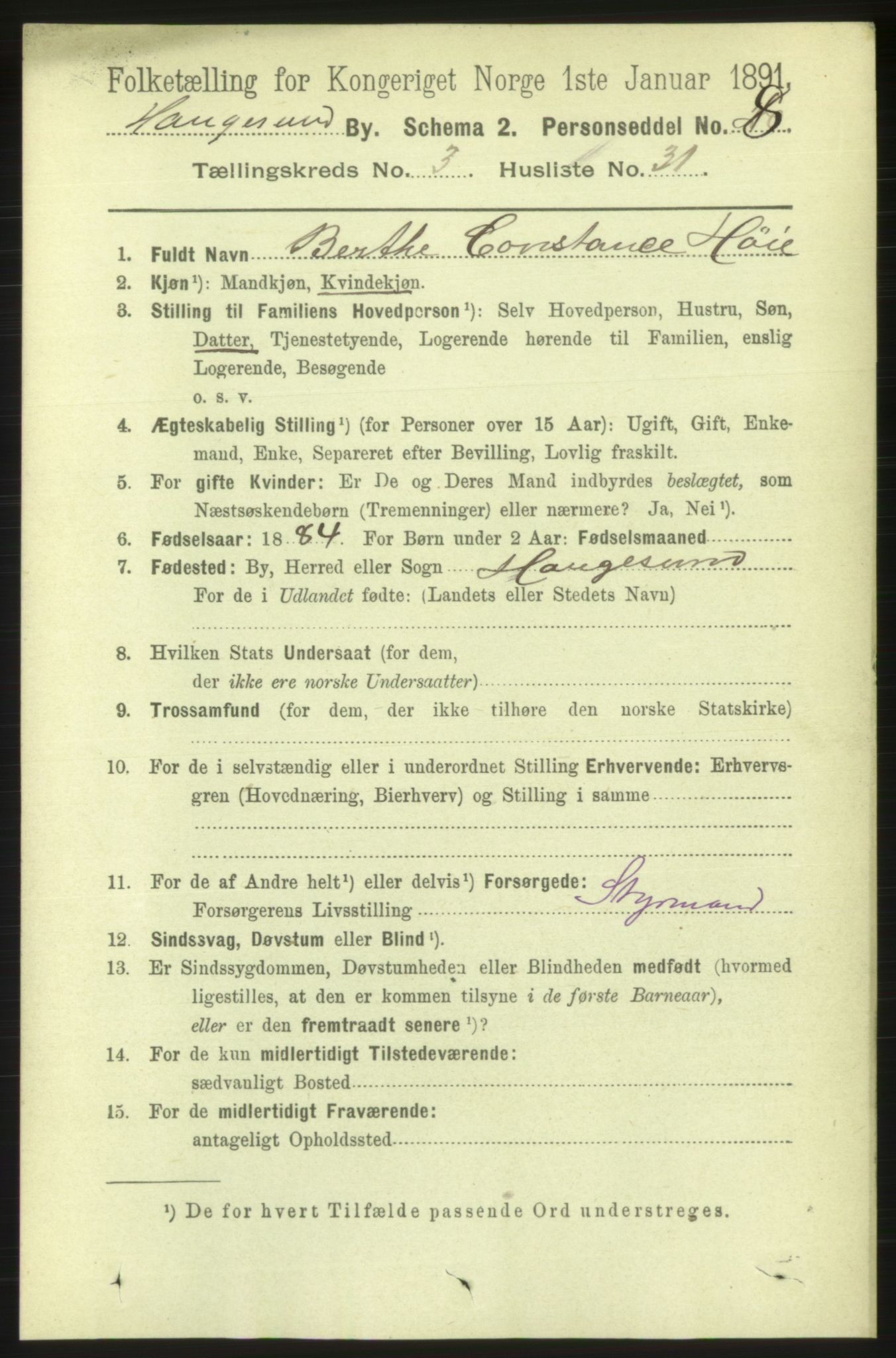 RA, 1891 census for 1106 Haugesund, 1891, p. 1144