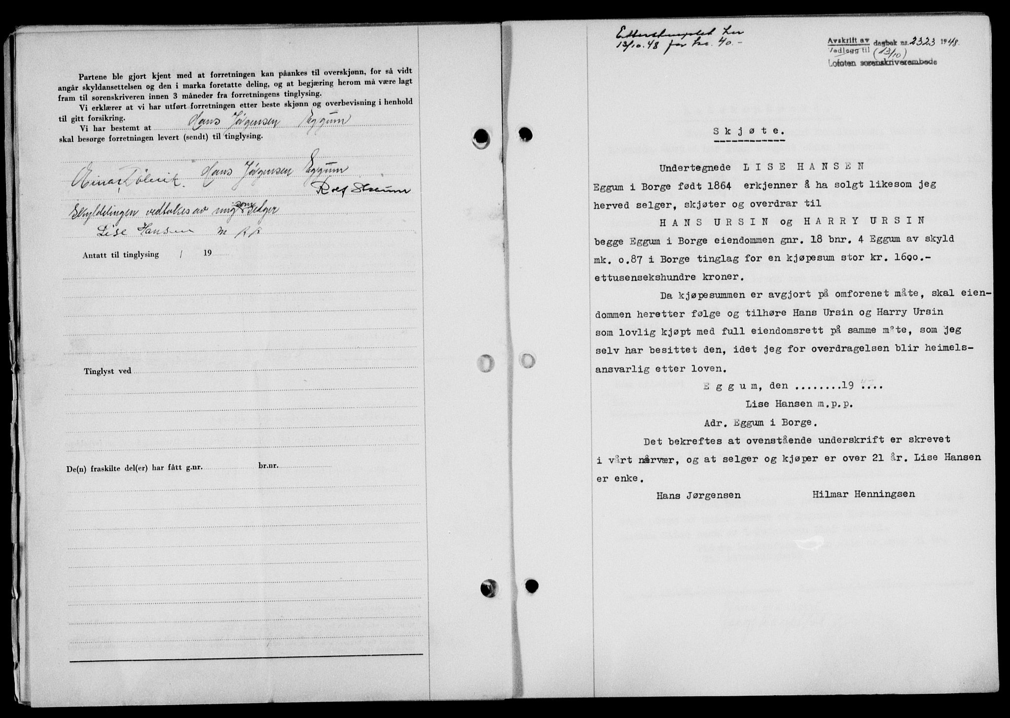 Lofoten sorenskriveri, SAT/A-0017/1/2/2C/L0019a: Mortgage book no. 19a, 1948-1948, Diary no: : 2323/1948