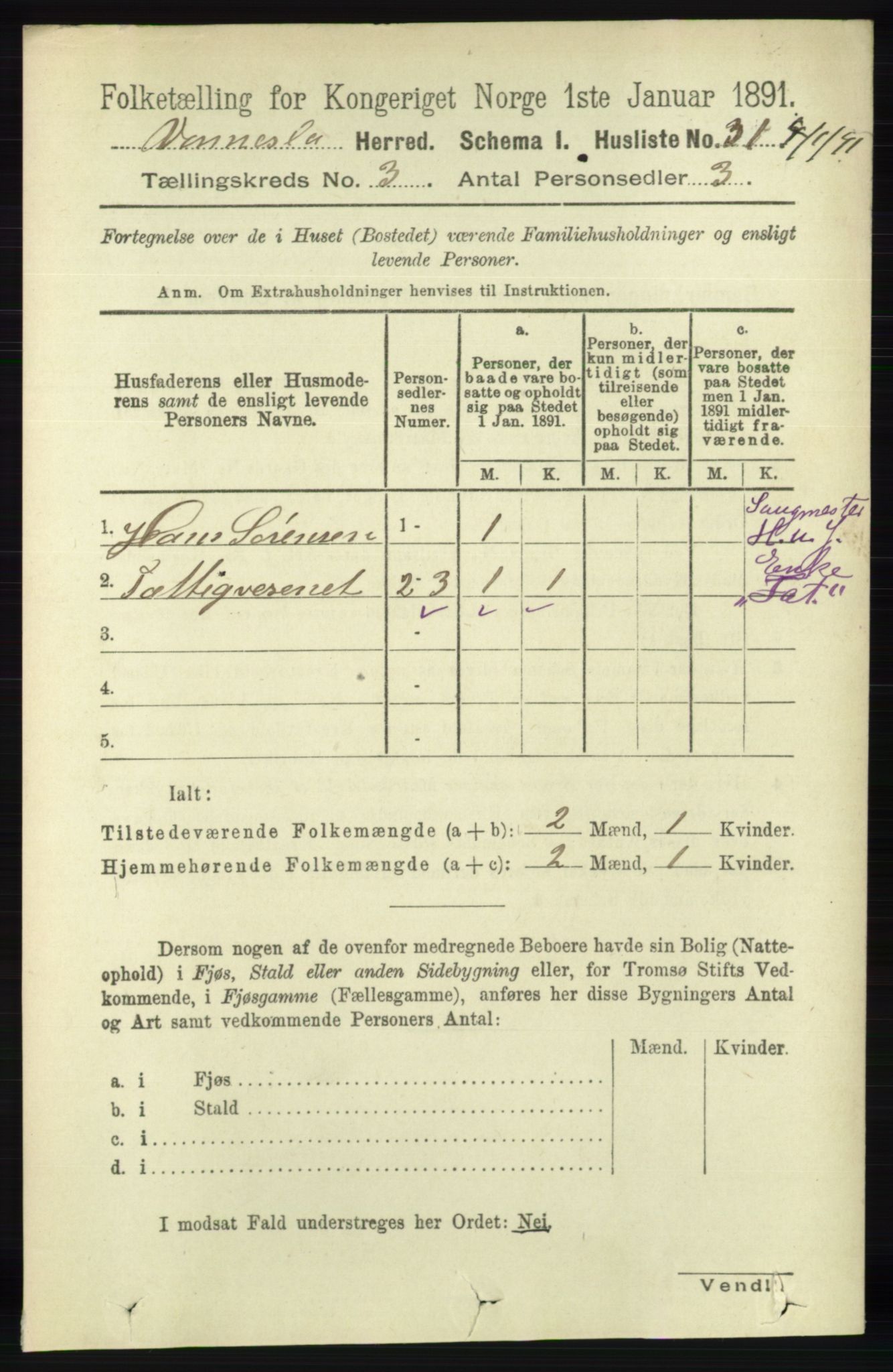 RA, 1891 census for 1014 Vennesla, 1891, p. 639