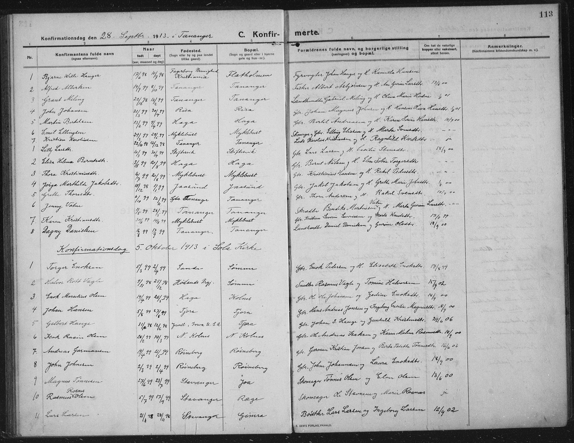 Håland sokneprestkontor, SAST/A-101802/002/C/L0001: Parish register (official) no. A 14, 1913-1927, p. 113